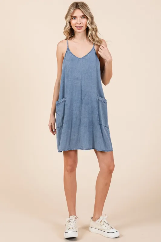 Blue Chambray Front Pocket Dress sold by Pinkblush