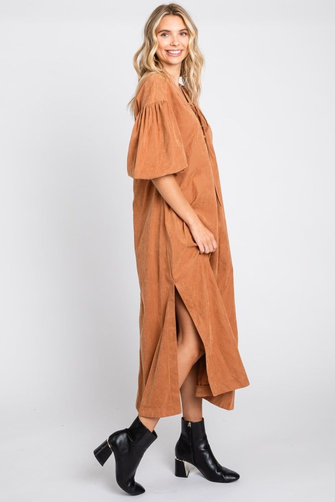 Rust Lace Up 3/4 Sleeve Side Slit Maxi Dress sold by Pinkblush product image thumbnail 2