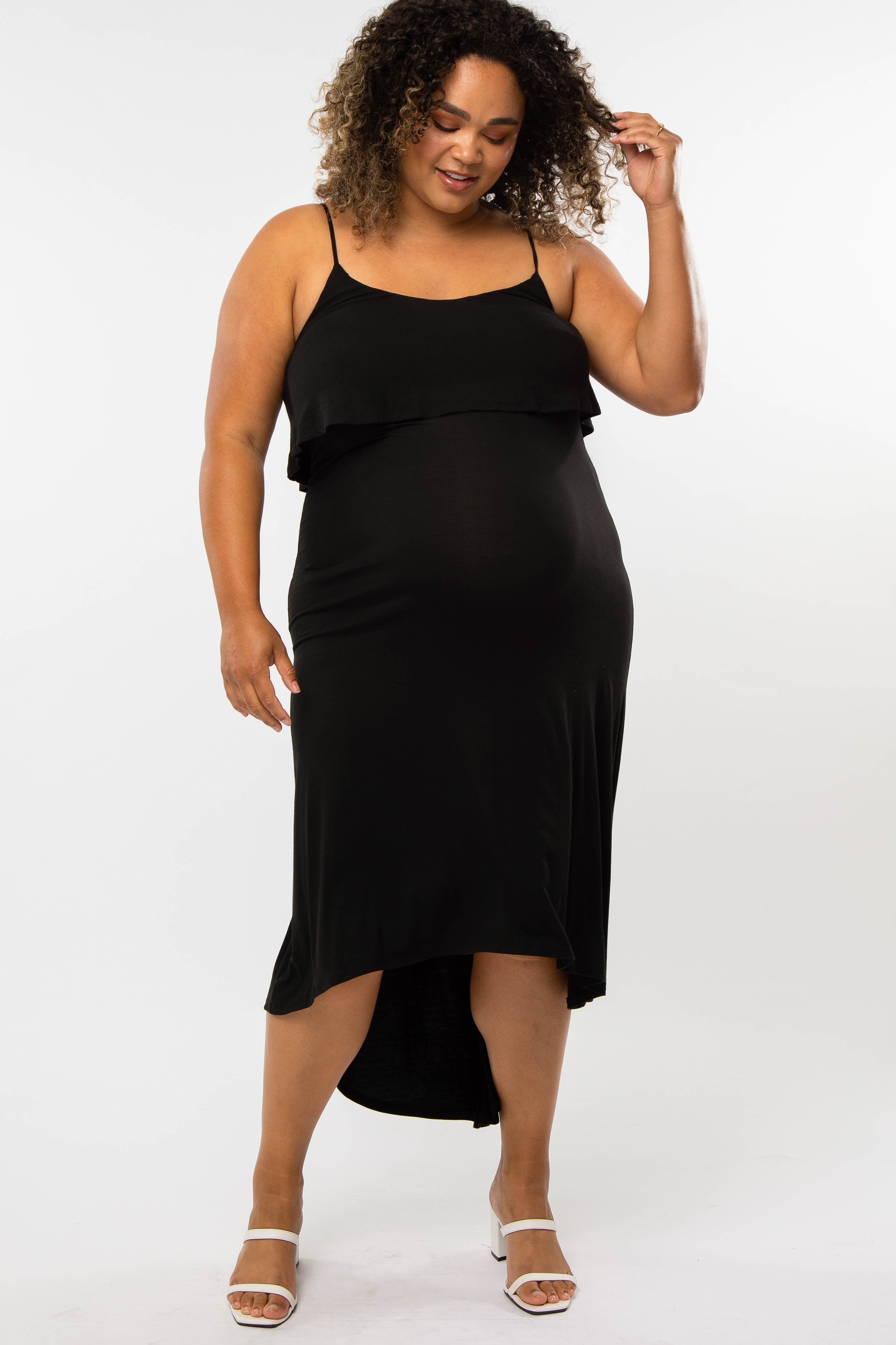Black Ruffle Top Hi-Low Maternity Plus Size Midi Dress sold by Pinkblush