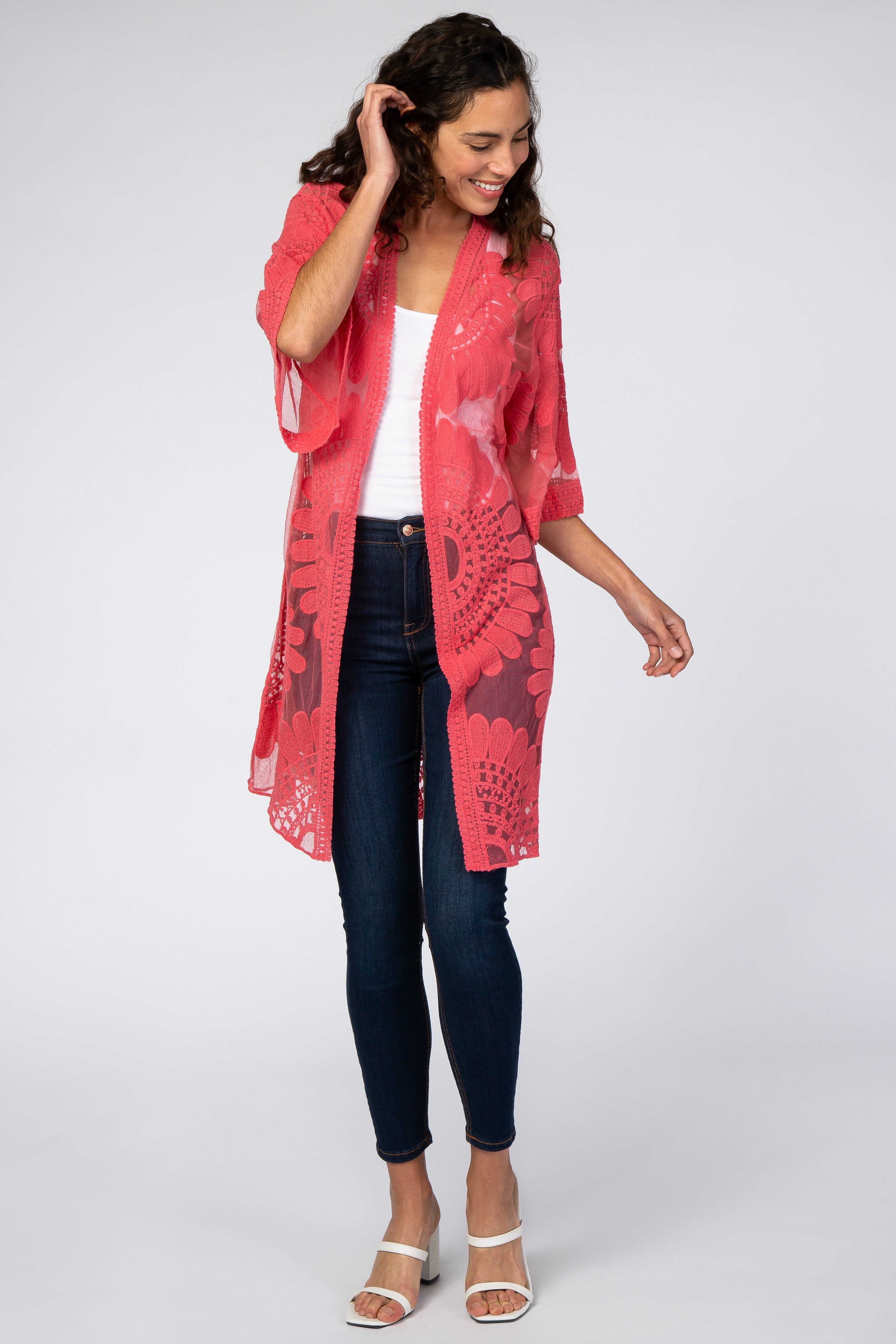 Pink Lace Mesh 3/4 Sleeve Maternity Cover Up sold by Pinkblush product image thumbnail 5