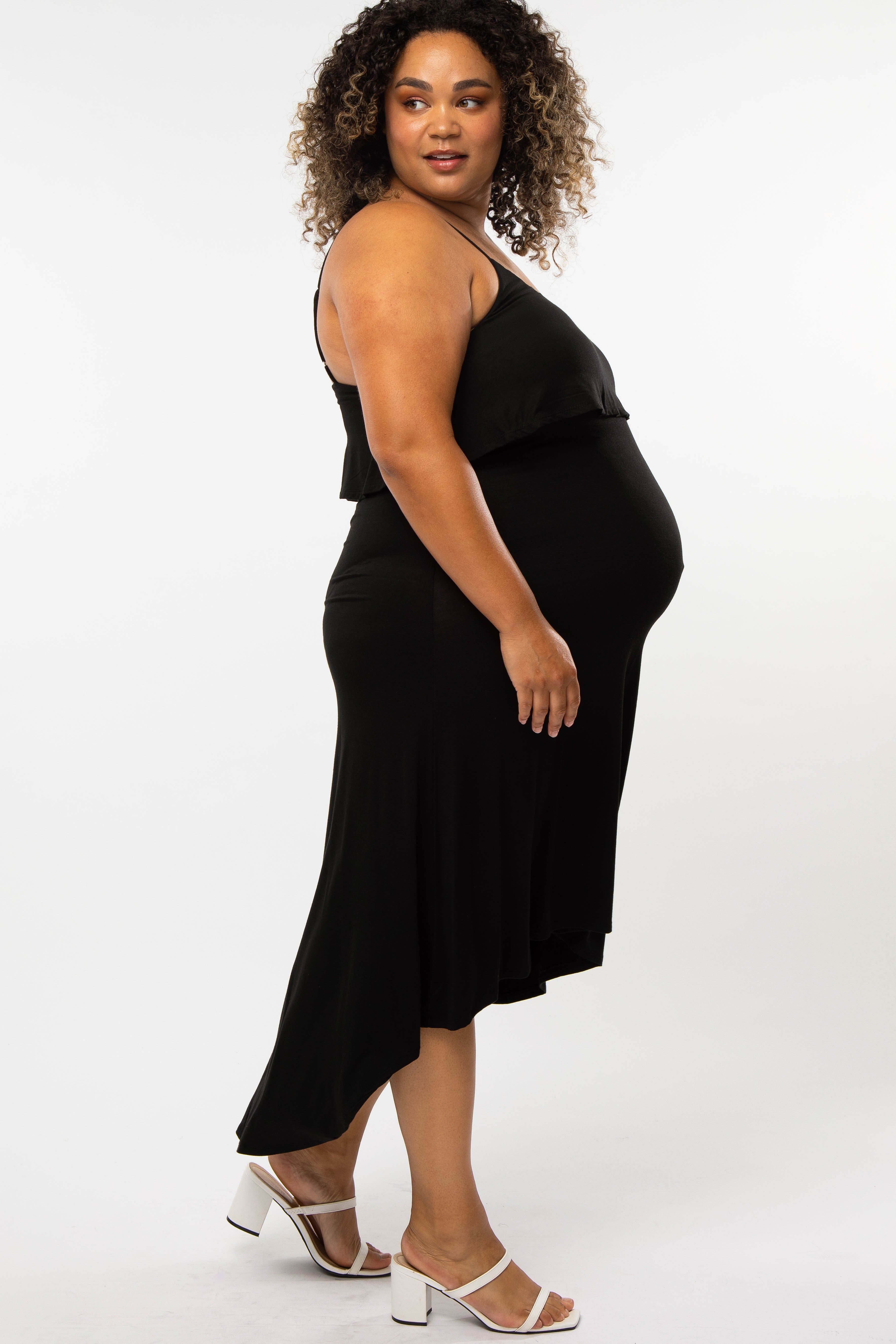 Black Ruffle Top Hi-Low Maternity Plus Size Midi Dress sold by Pinkblush product image thumbnail 2