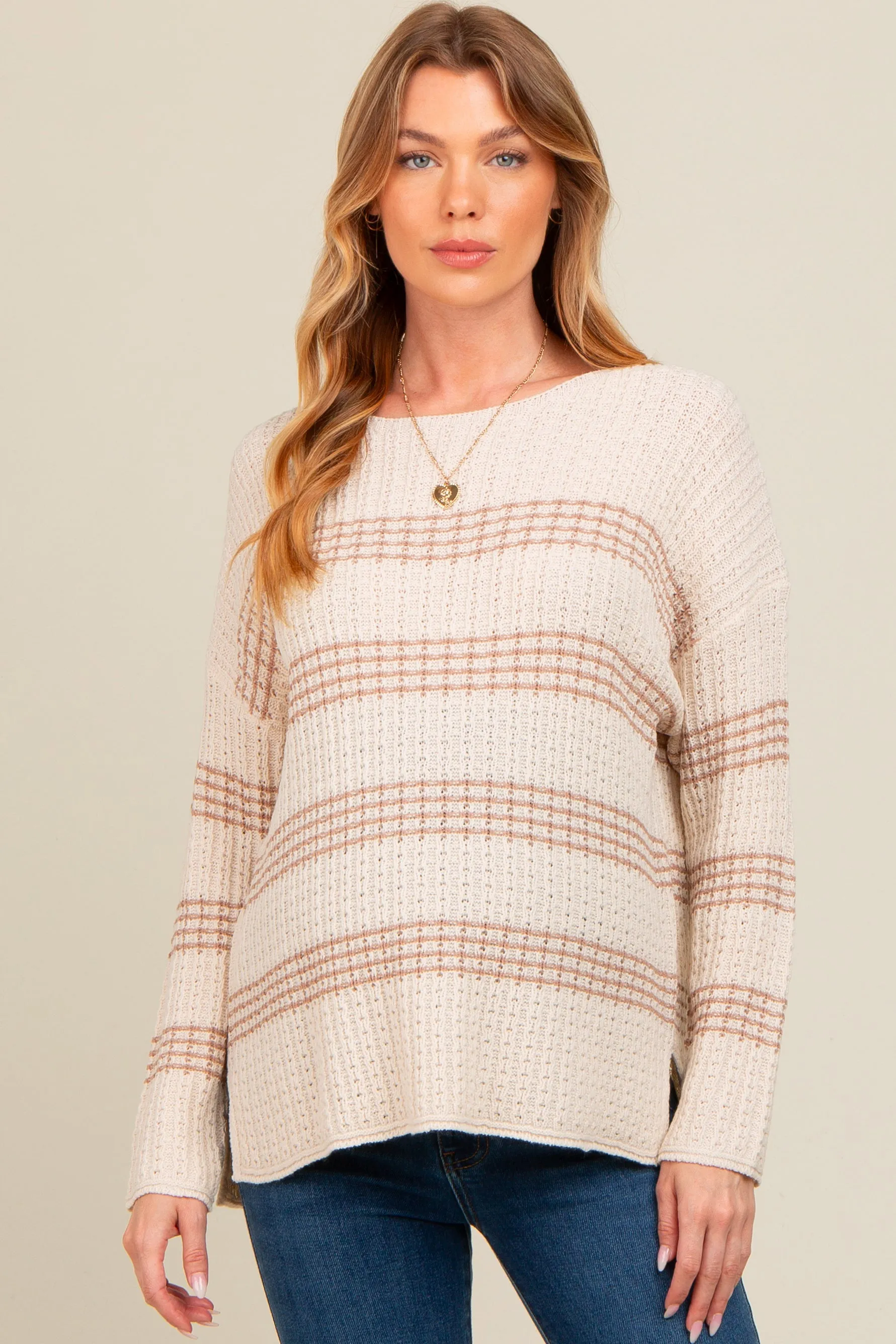 Beige Striped Waffle Knit Maternity Sweater sold by Pinkblush