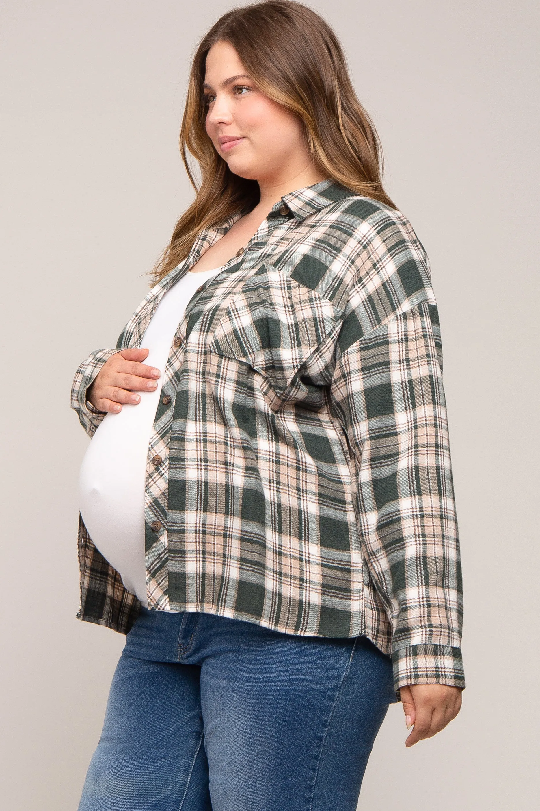 Forest Green Plaid Button Down Maternity Plus Top sold by Pinkblush product image thumbnail 2
