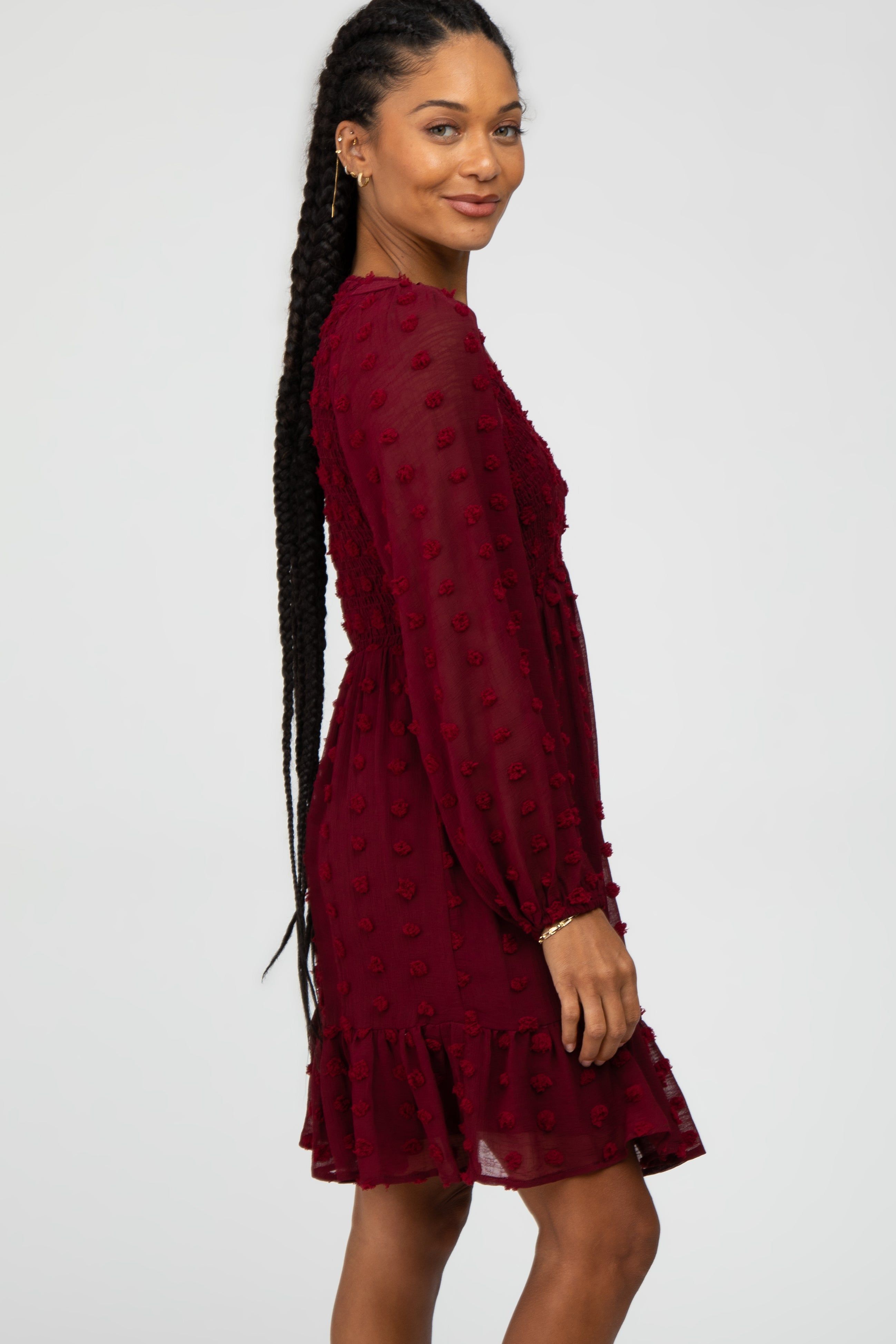 Burgundy Swiss Dot Smocked Baby Doll Dress sold by Pinkblush product image thumbnail 3