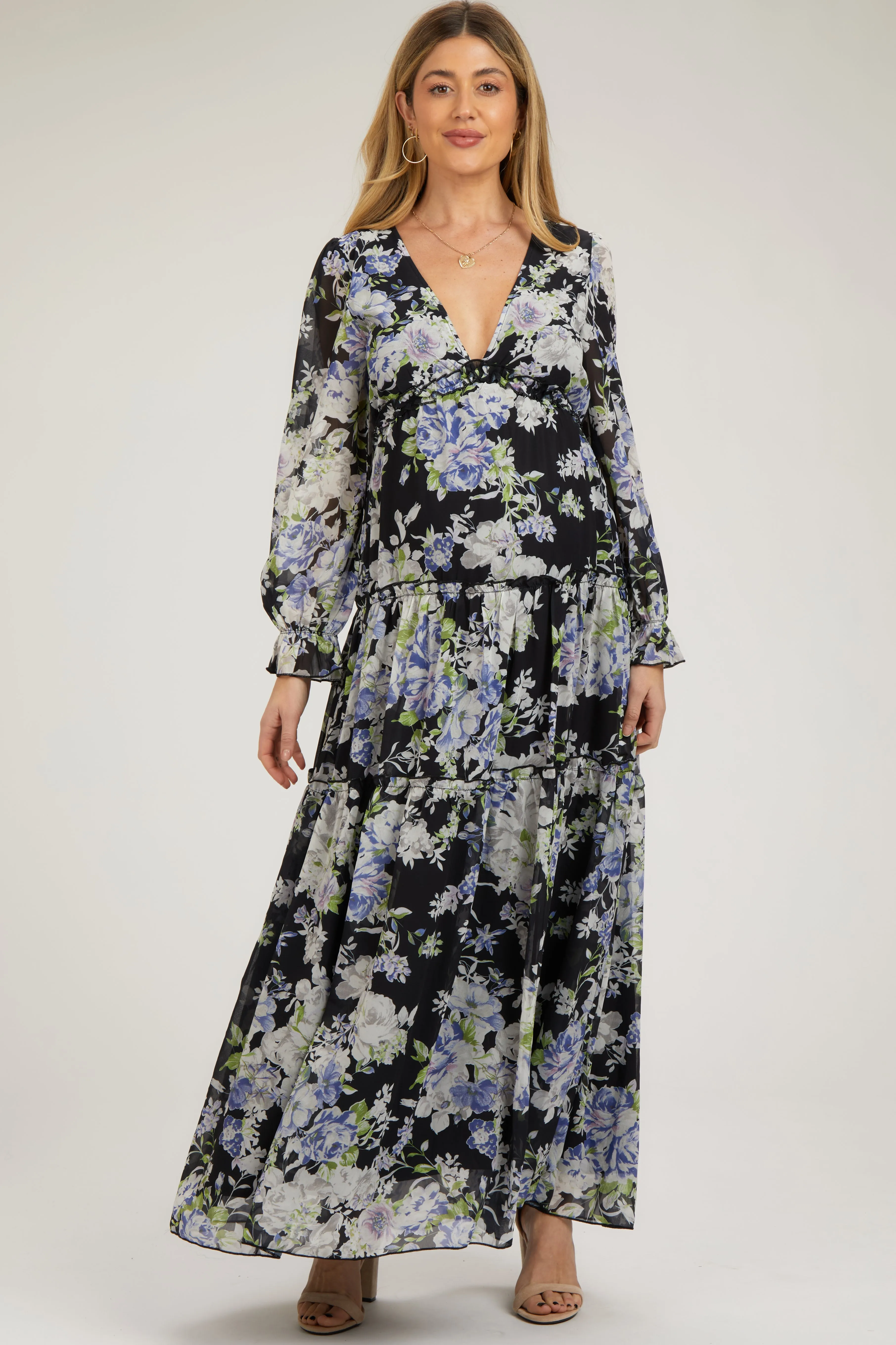 Black Floral Chiffon Deep V Ruffle Tiered Maternity Maxi Dress sold by Pinkblush product image thumbnail 2