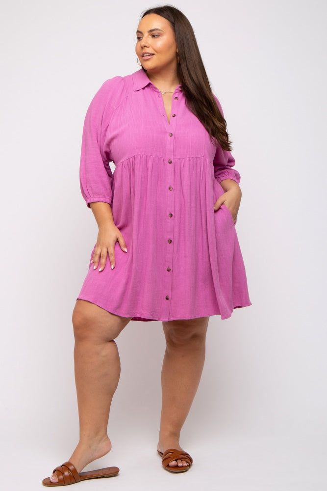 Pink Button Down Collared Plus Dress sold by Pinkblush