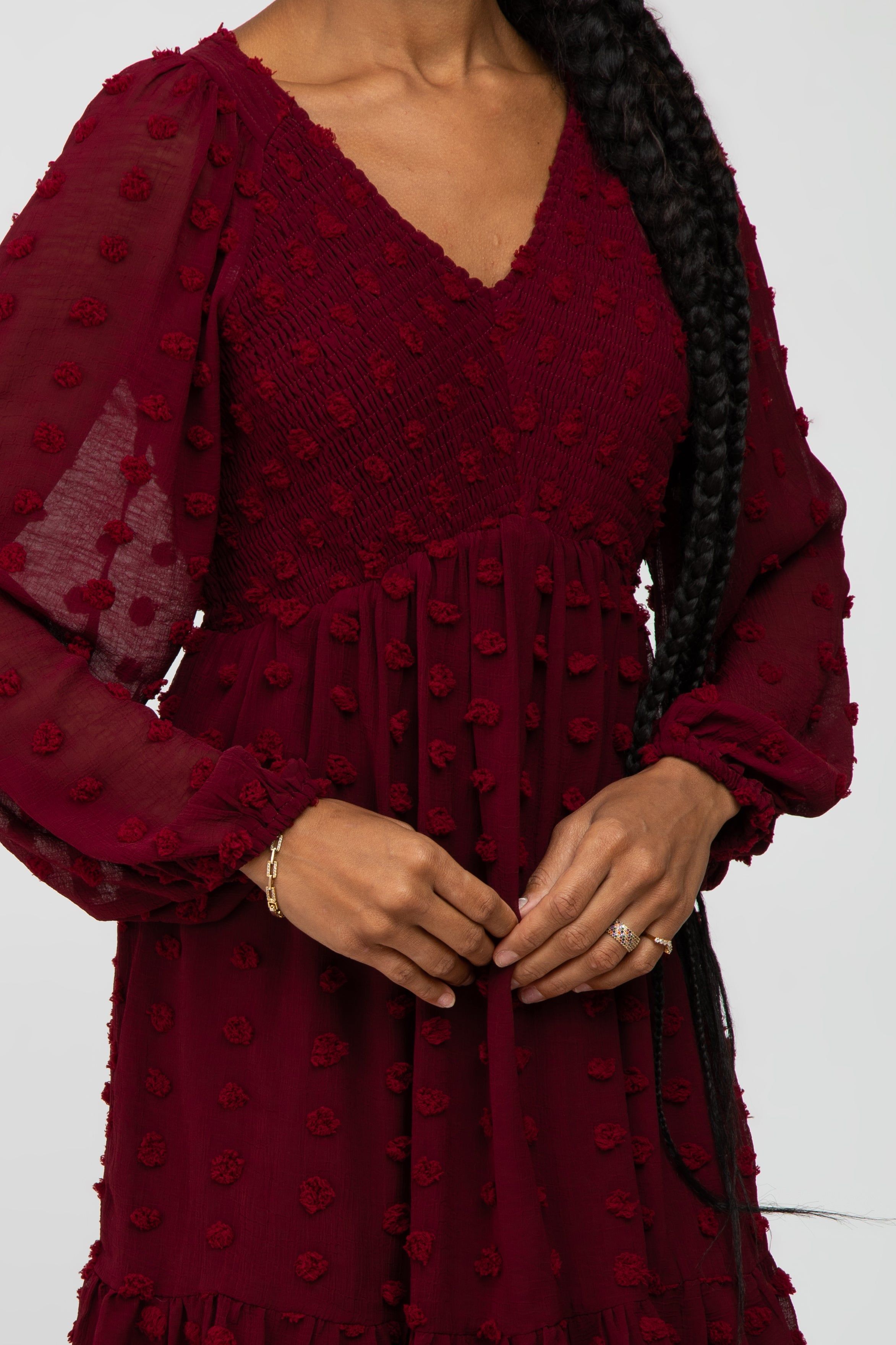 Burgundy Swiss Dot Smocked Baby Doll Dress sold by Pinkblush product image thumbnail 5