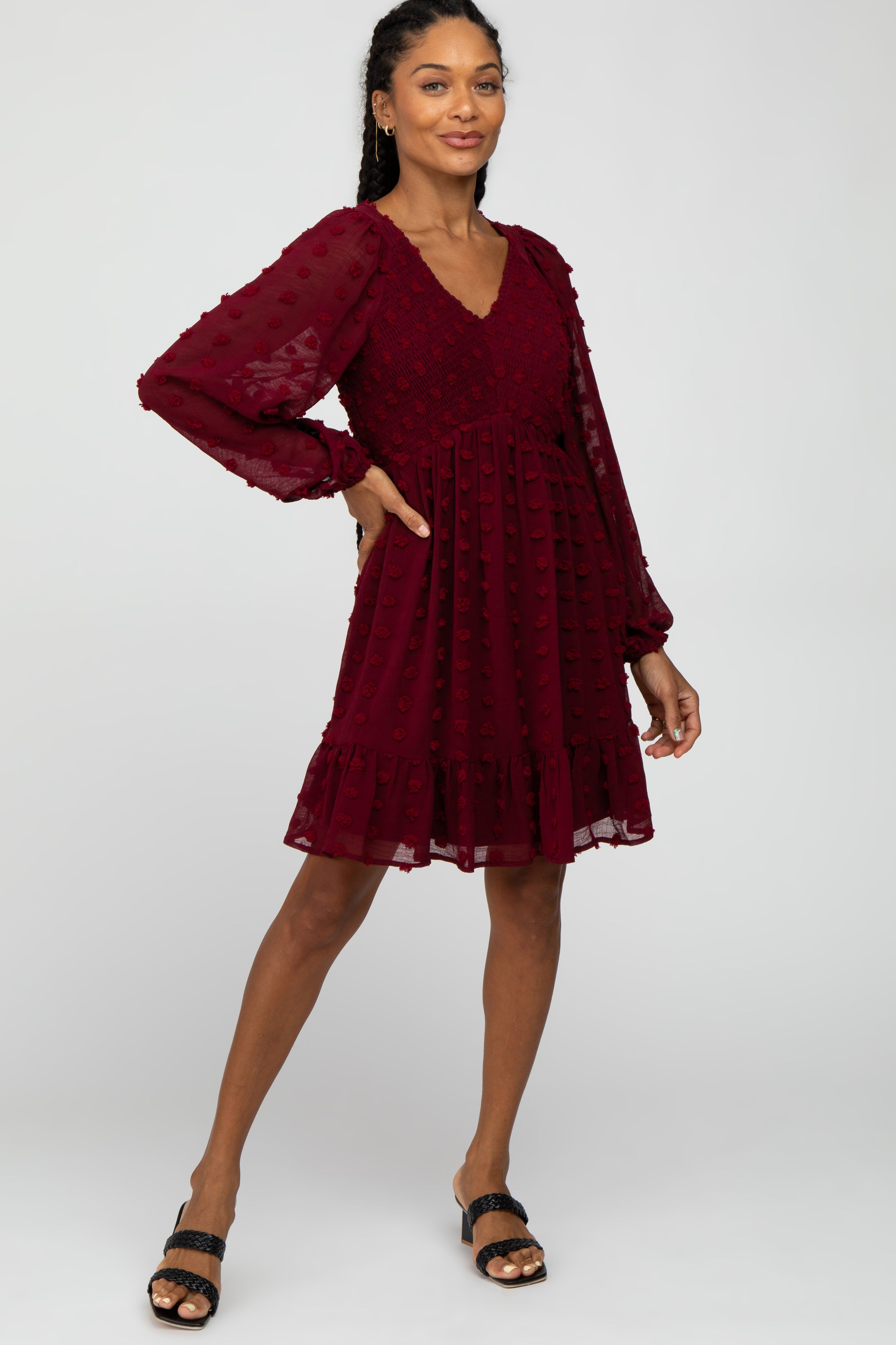 Burgundy Swiss Dot Smocked Baby Doll Dress sold by Pinkblush