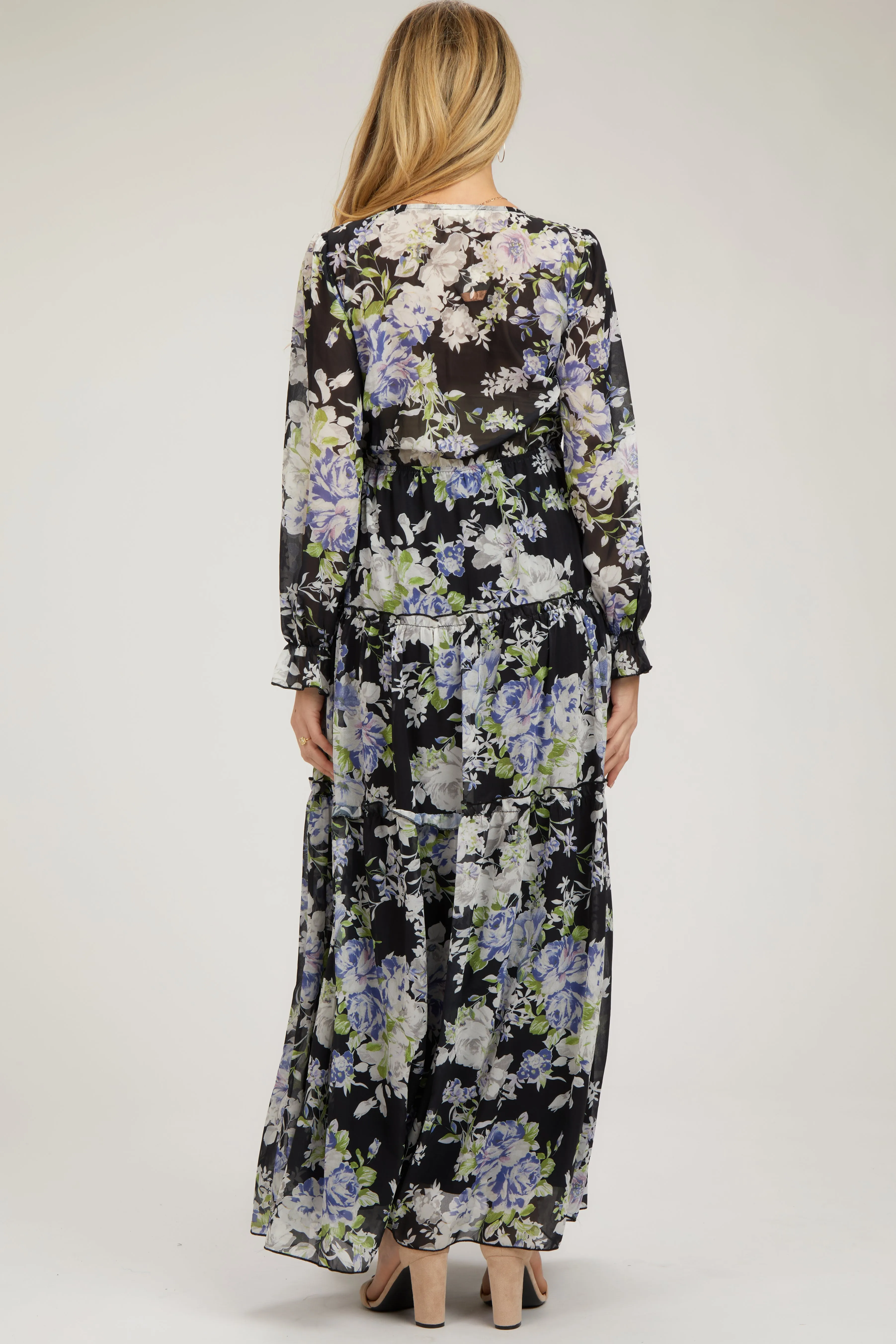 Black Floral Chiffon Deep V Ruffle Tiered Maternity Maxi Dress sold by Pinkblush product image thumbnail 3