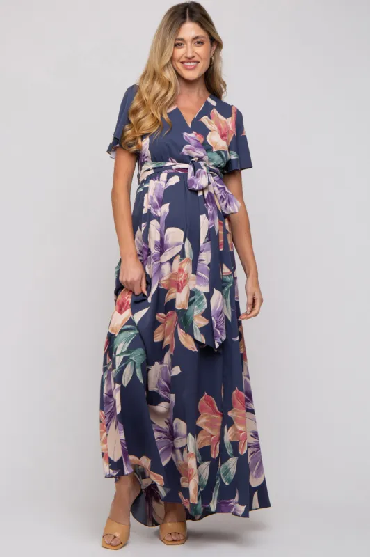 Navy Floral Wrap V-Neck Maternity Maxi Dress sold by Pinkblush
