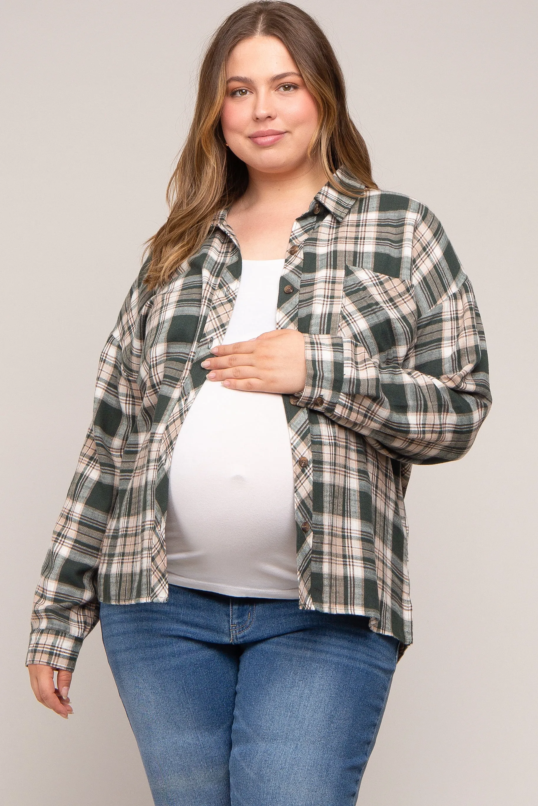 Forest Green Plaid Button Down Maternity Plus Top sold by Pinkblush