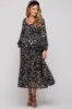 Black Floral Chiffon Sweetheart Neck Ruffle Tiered Maternity Midi Dress sold by Pinkblush