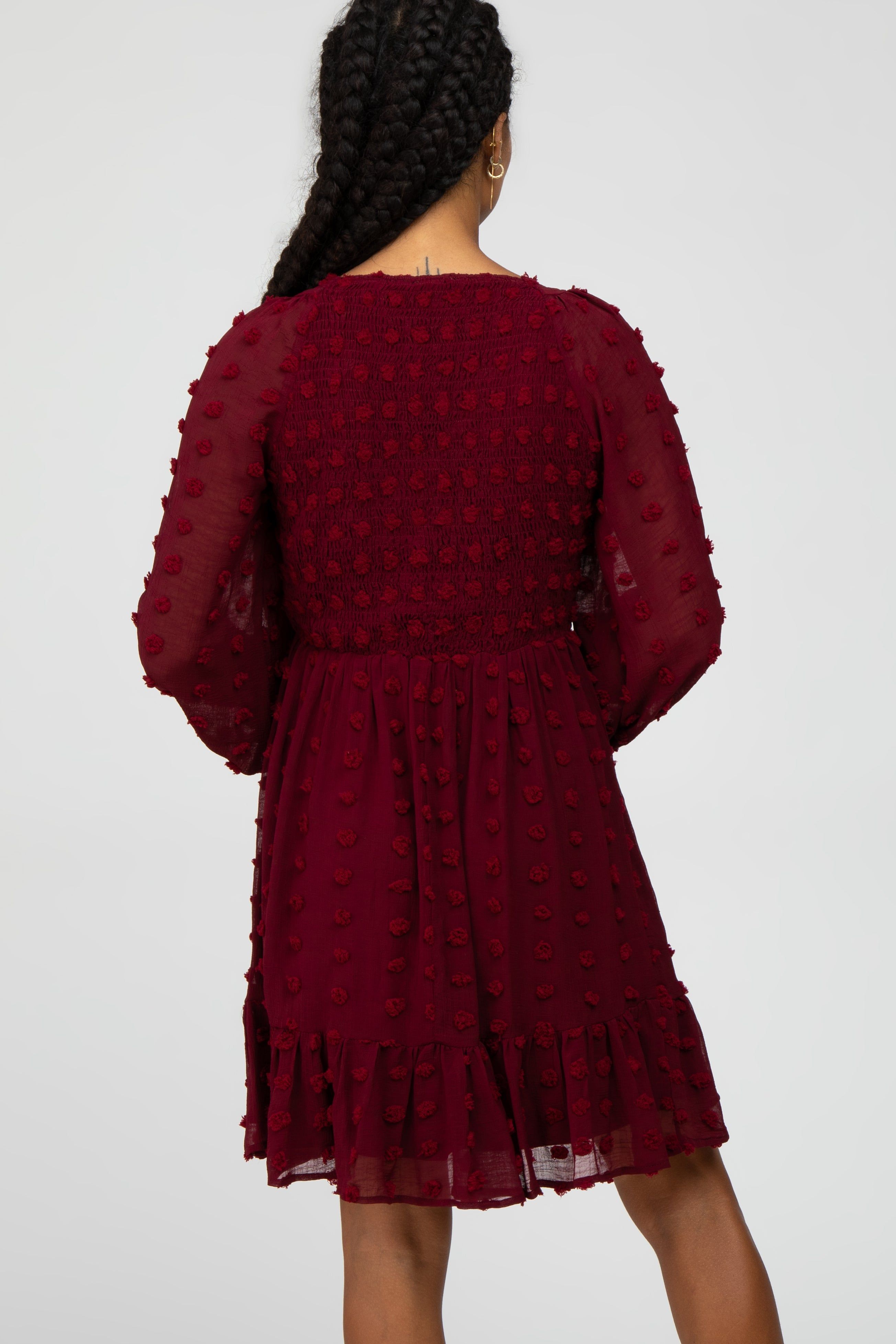 Burgundy Swiss Dot Smocked Baby Doll Dress sold by Pinkblush product image thumbnail 4