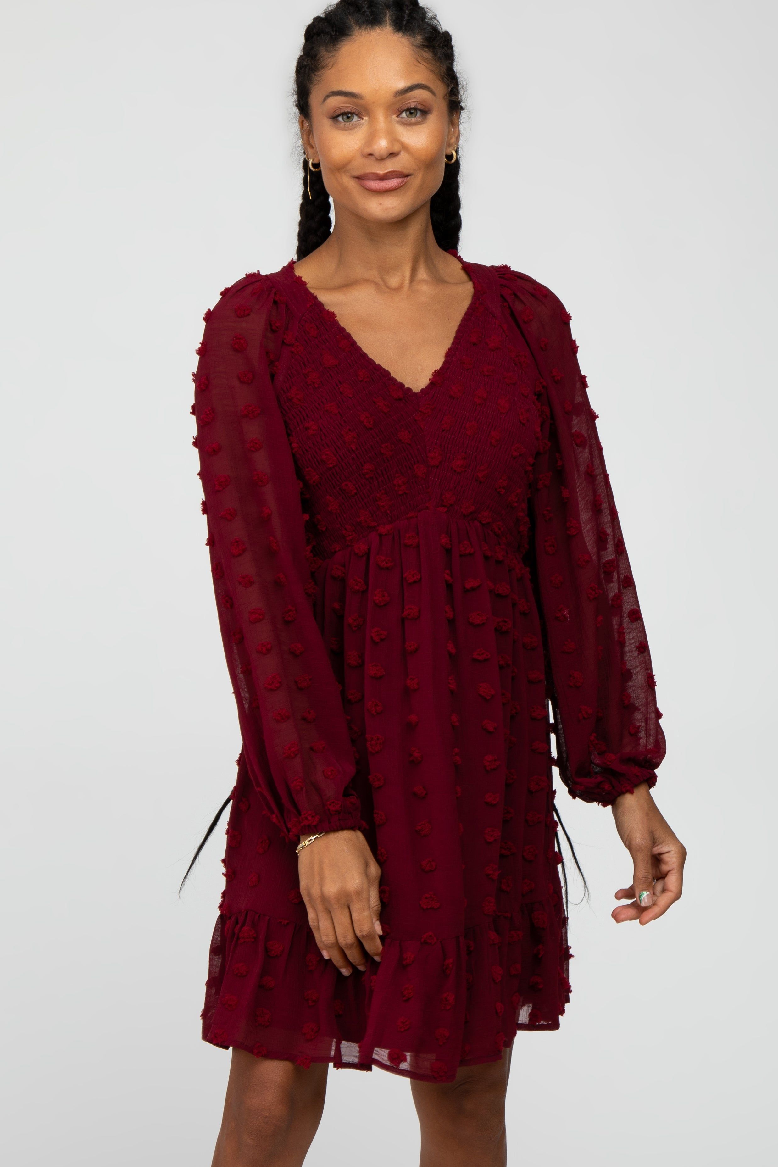 Burgundy Swiss Dot Smocked Baby Doll Dress sold by Pinkblush product image thumbnail 2