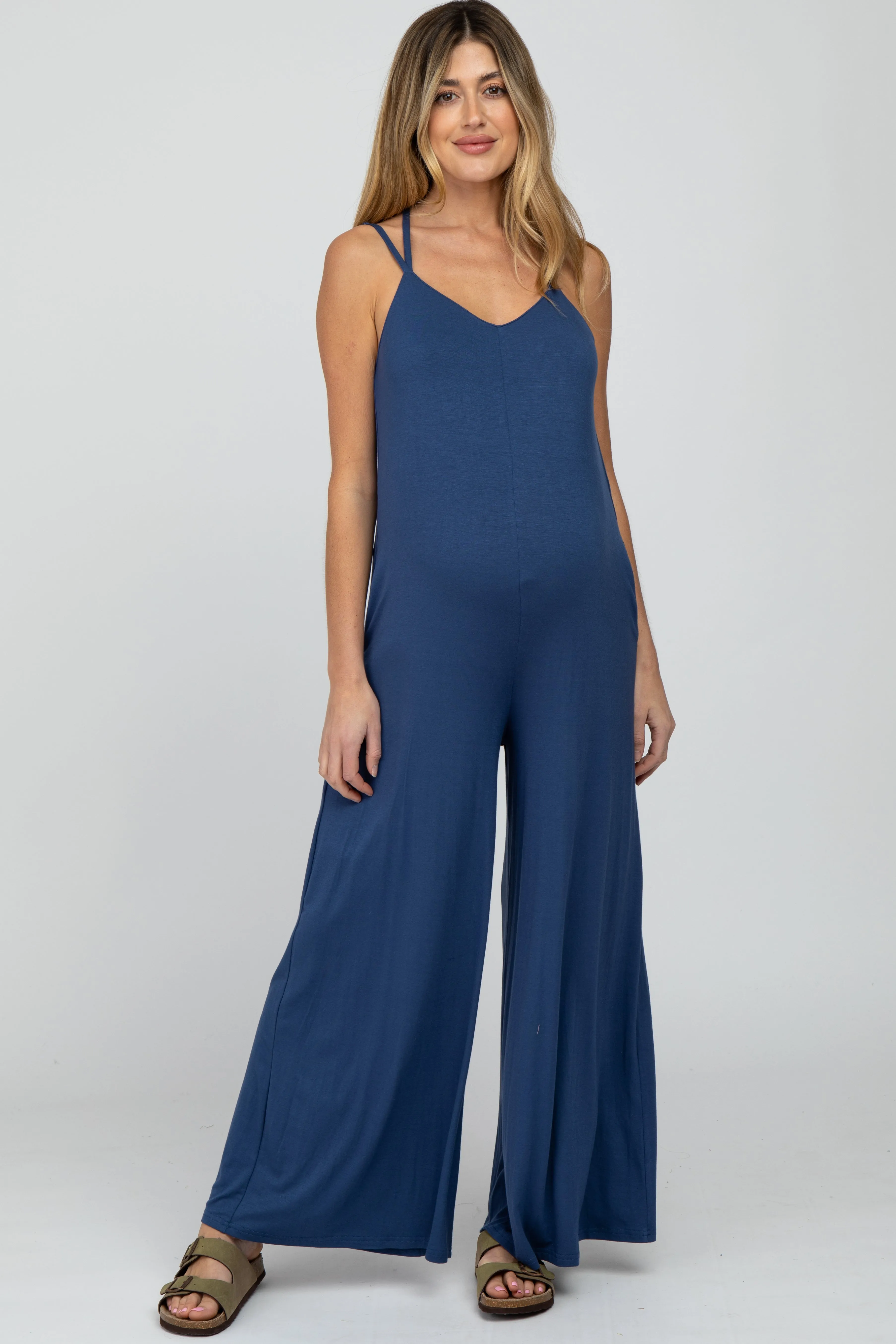 Blue Cross Back Wide Leg Maternity Jumpsuit sold by Pinkblush