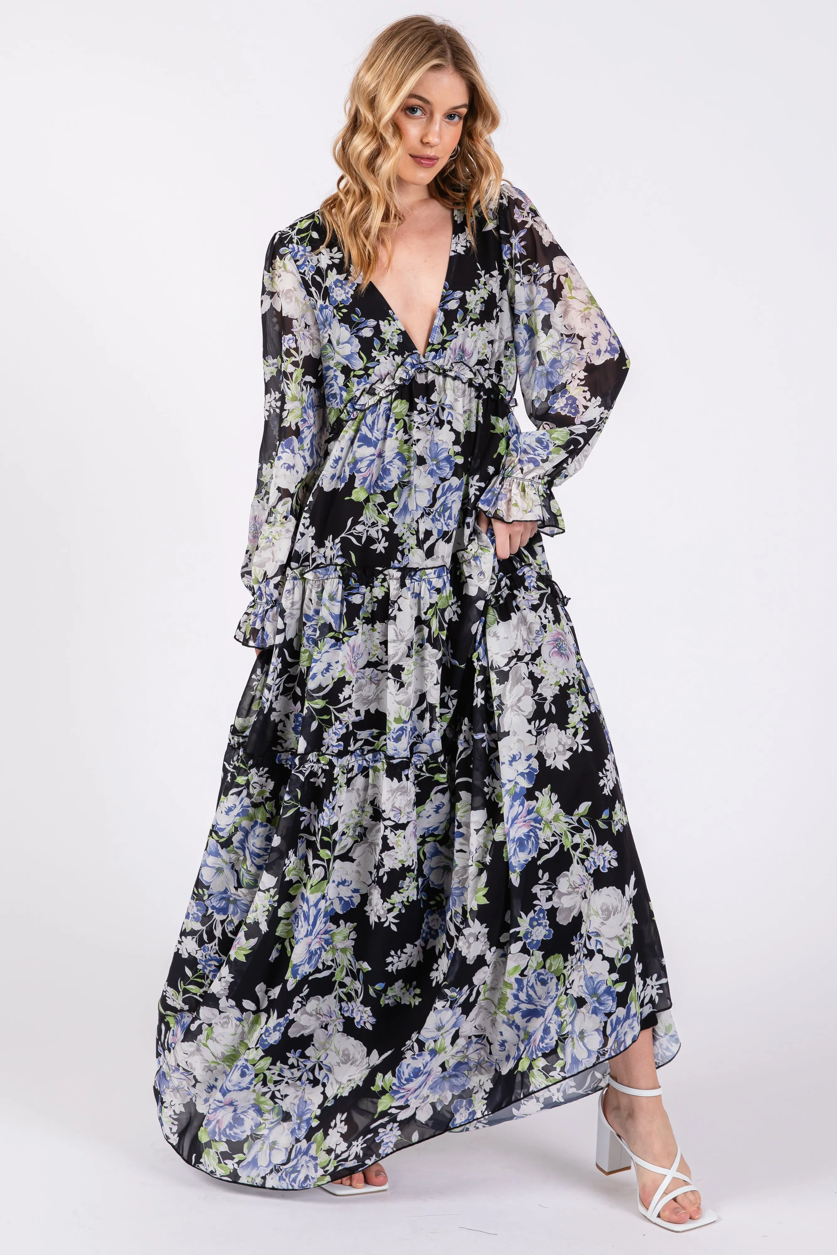 Black Floral Chiffon Deep V Ruffle Tiered Maternity Maxi Dress sold by Pinkblush product image thumbnail 4