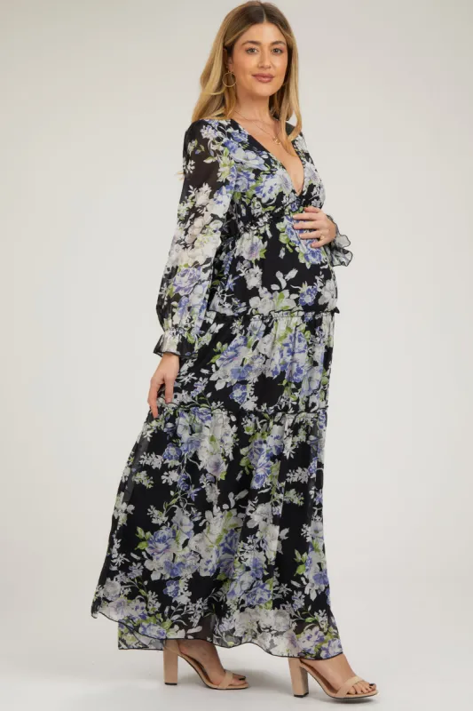 Black Floral Chiffon Deep V Ruffle Tiered Maternity Maxi Dress sold by Pinkblush