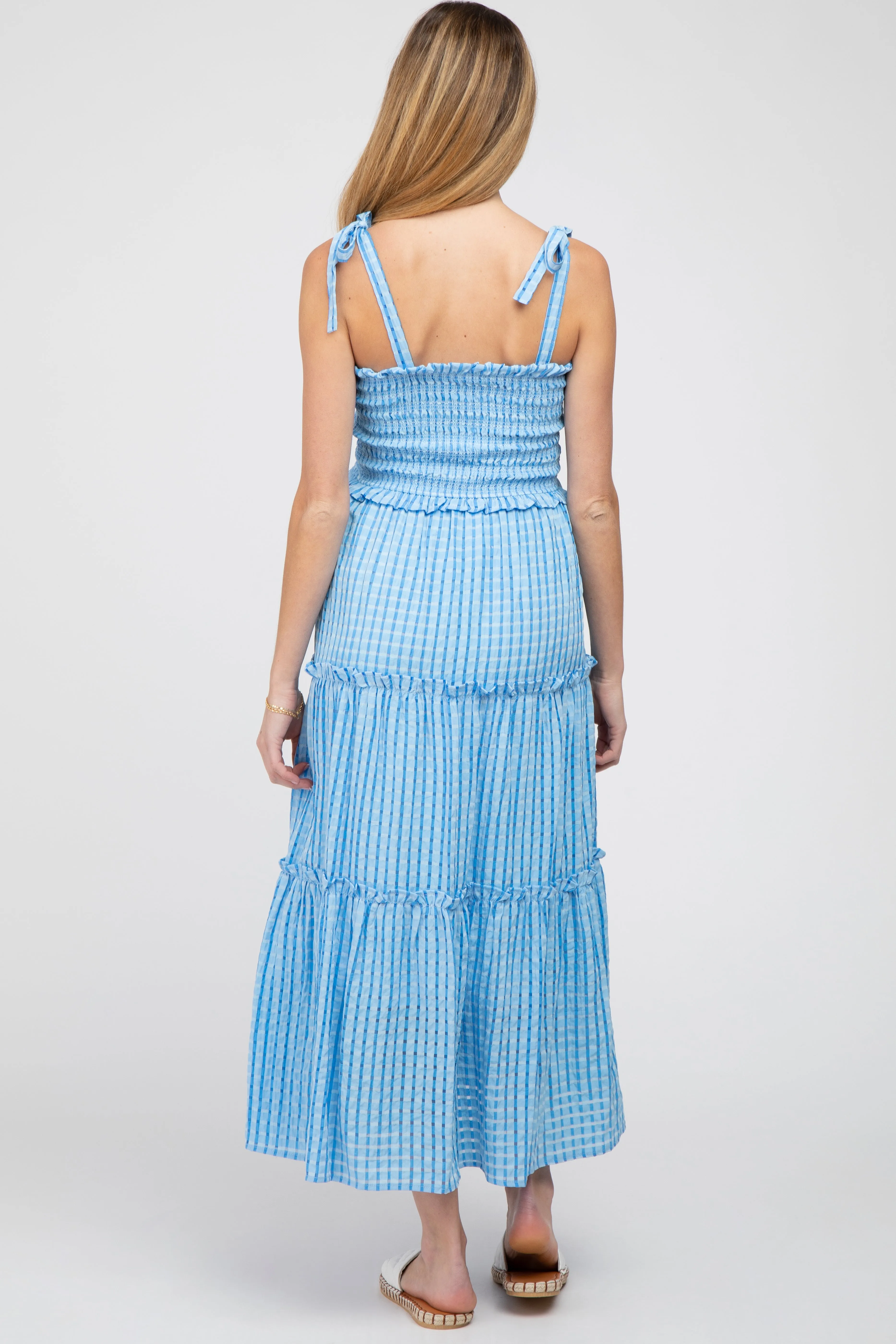 Blue Striped Smocked Shoulder Tie Maternity Midi Dress sold by Pinkblush product image thumbnail 3