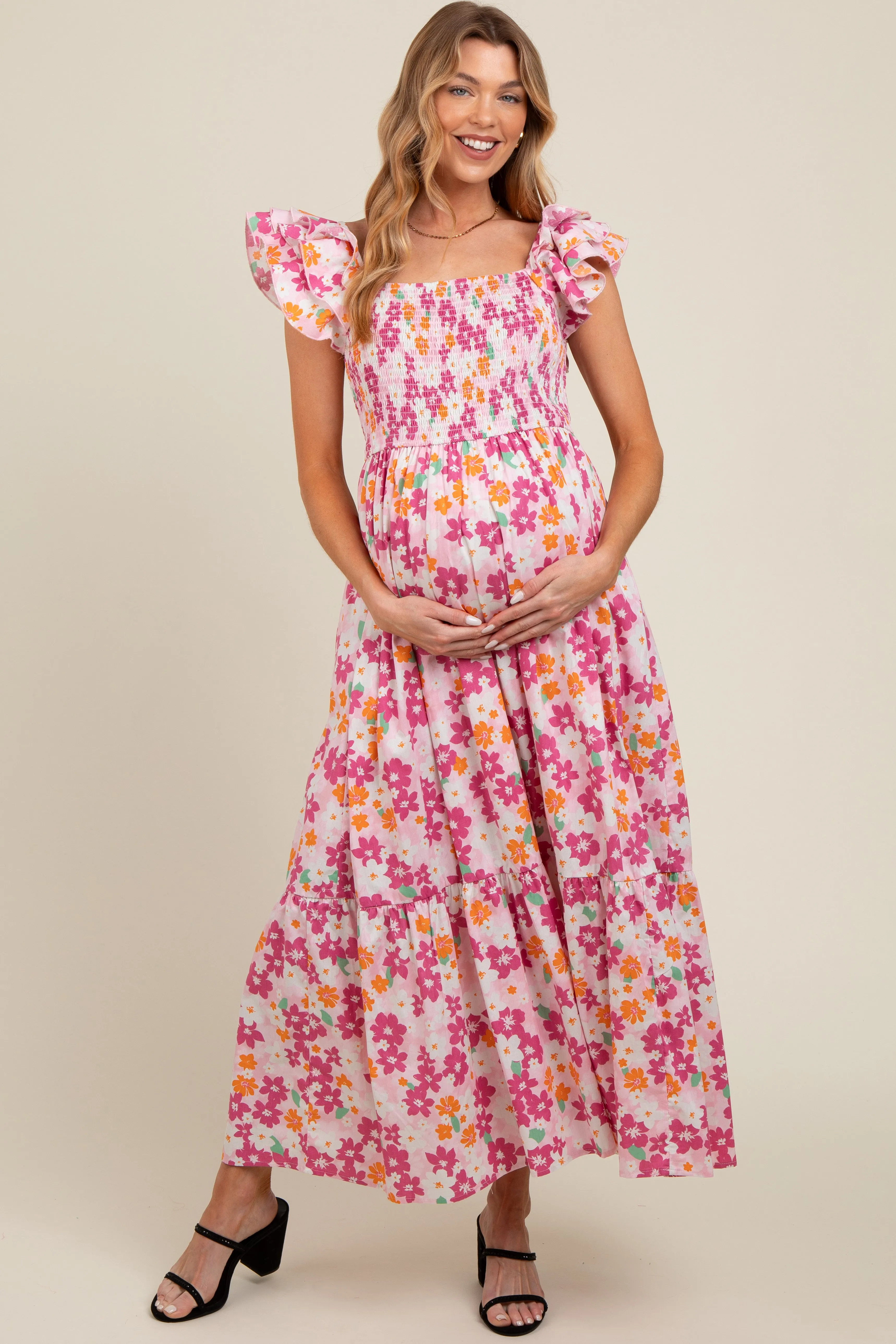 Pink Floral Smocked Ruffle Sleeve Maternity Maxi Dress sold by Pinkblush product image thumbnail 2