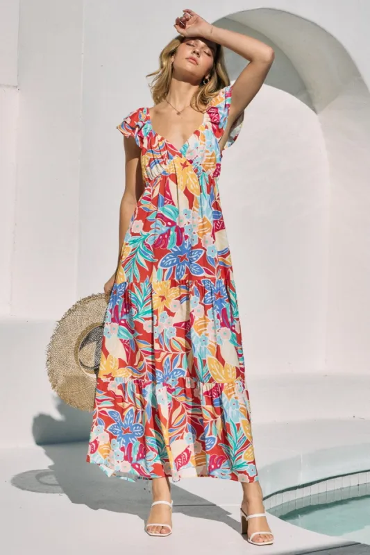 Red Floral V-Neck Layered Flutter Short Sleeve Midi Dress sold by Pinkblush