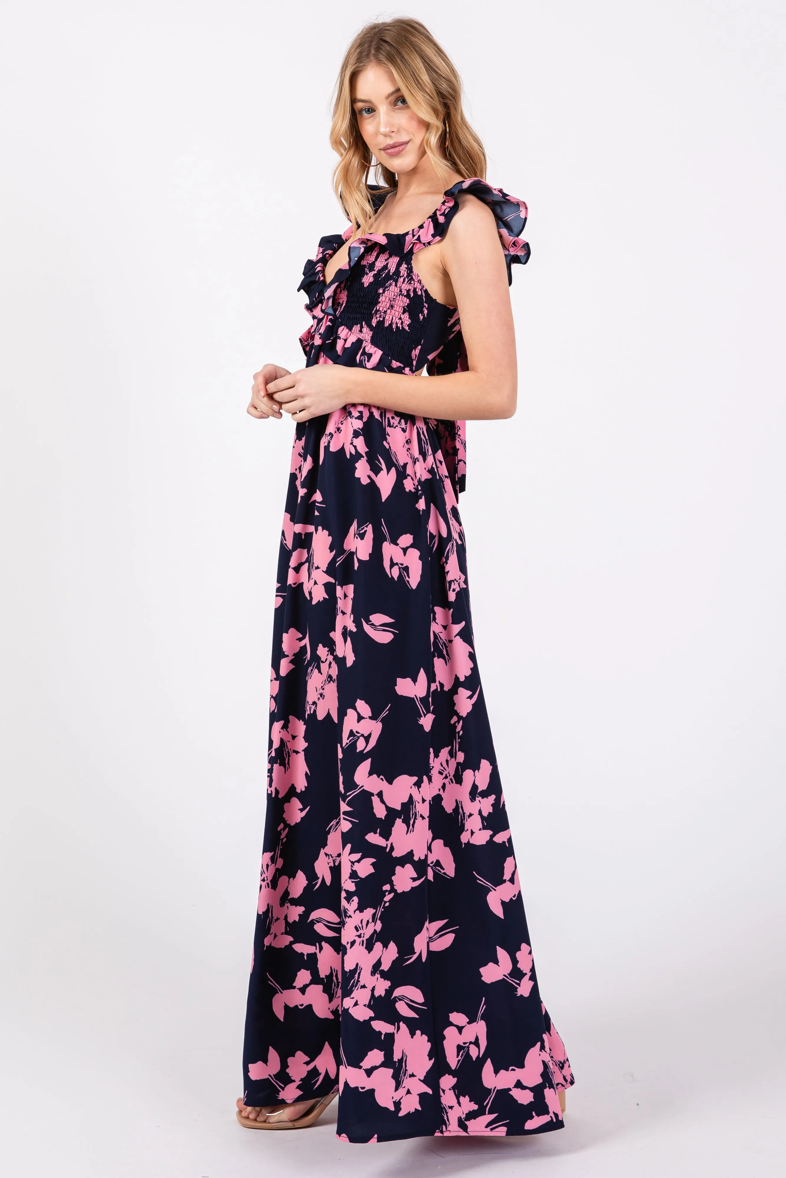Navy Blue Floral Ruffle V-Neck Back Cutout Maxi Dress sold by Pinkblush product image thumbnail 2
