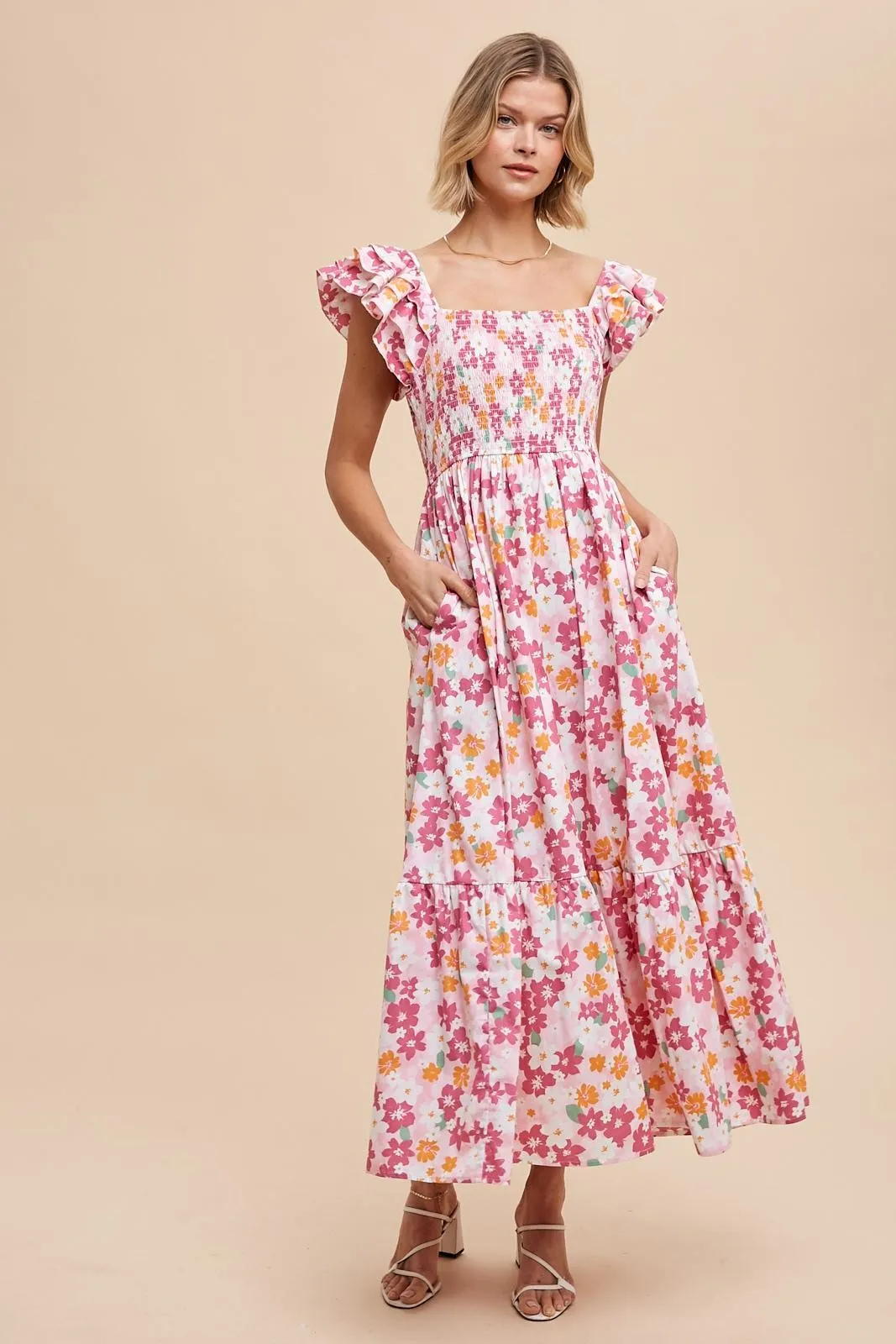 Pink Floral Smocked Ruffle Sleeve Maternity Maxi Dress sold by Pinkblush product image thumbnail 5