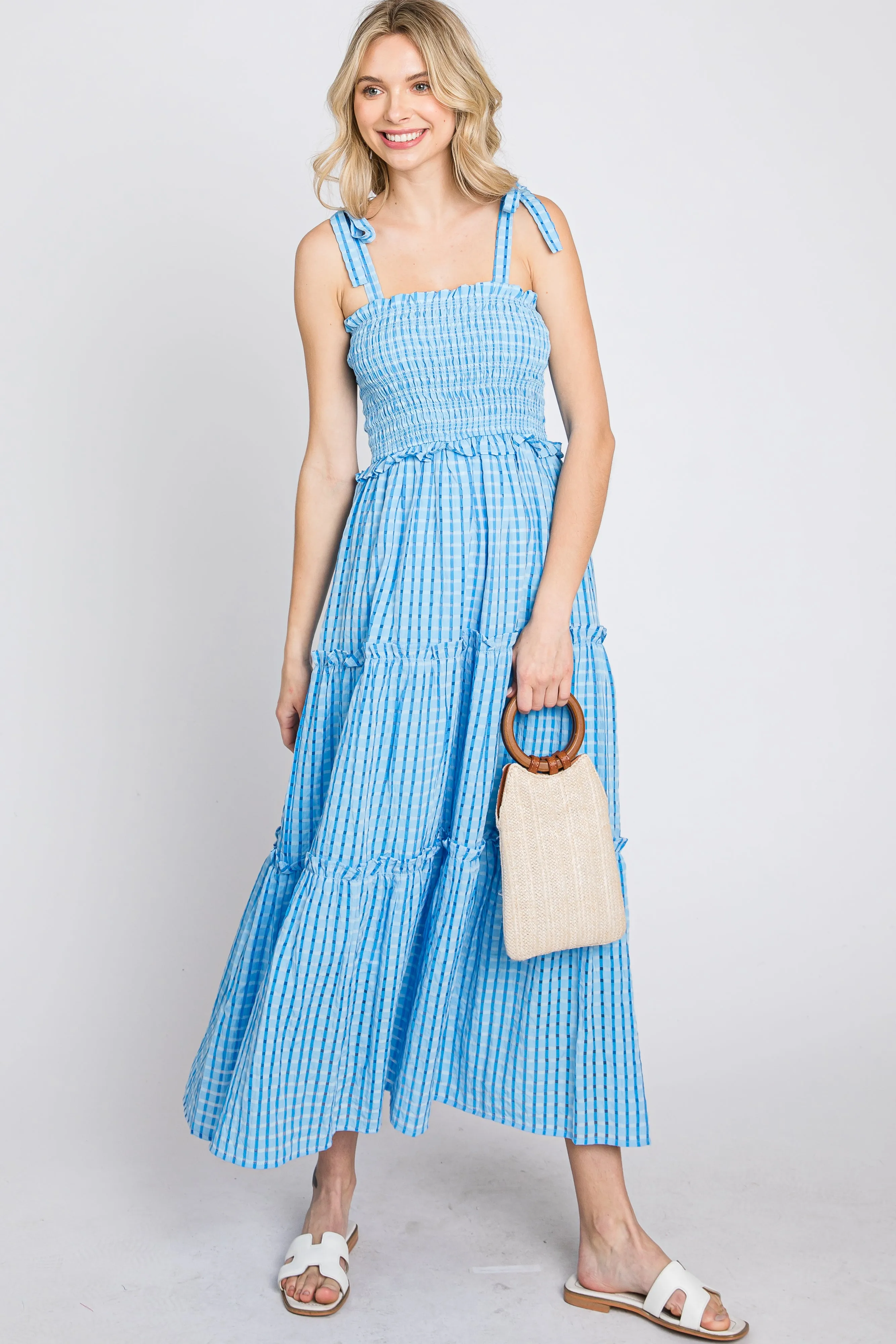 Blue Striped Smocked Shoulder Tie Maternity Midi Dress sold by Pinkblush product image thumbnail 4