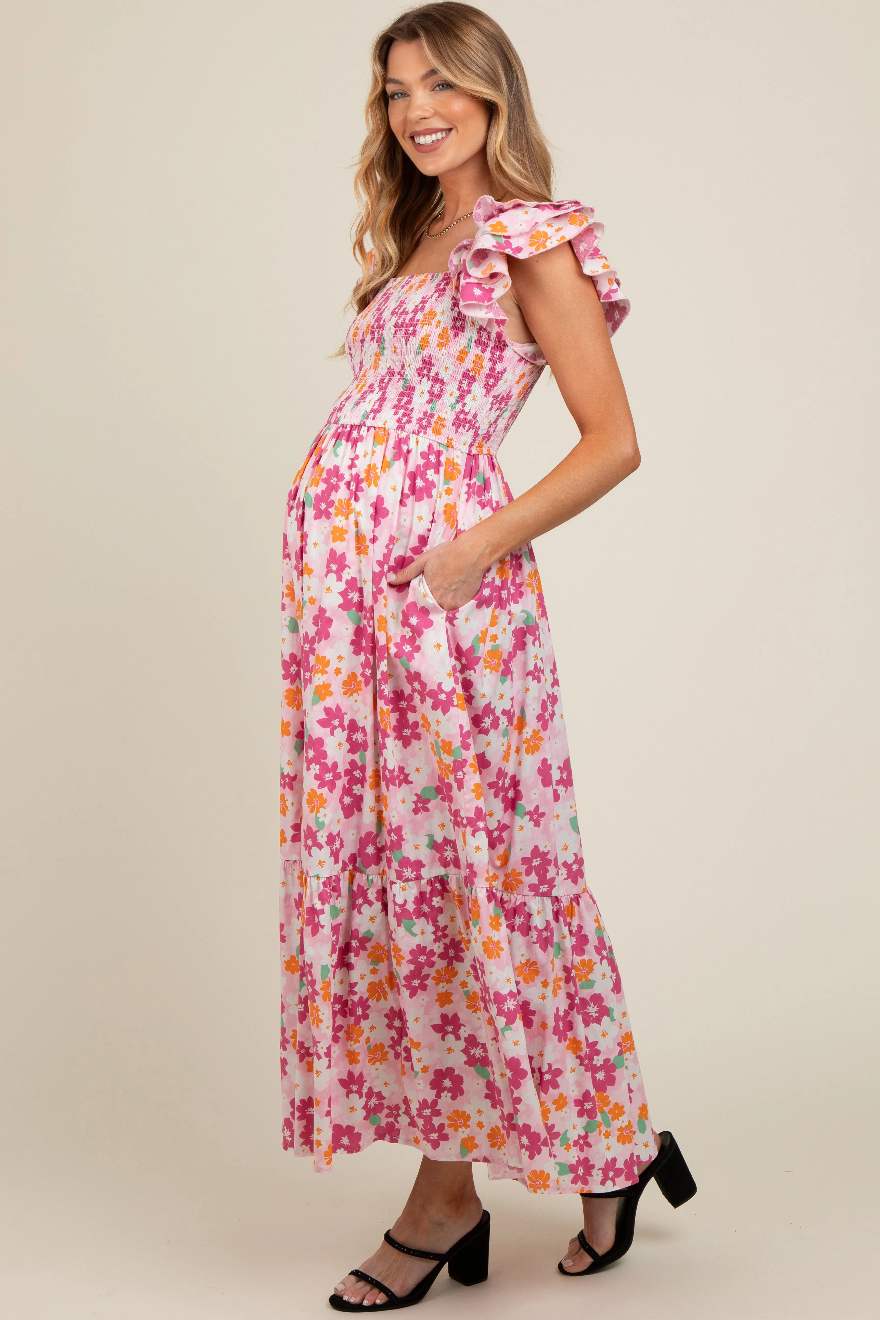Pink Floral Smocked Ruffle Sleeve Maternity Maxi Dress sold by Pinkblush product image thumbnail 3