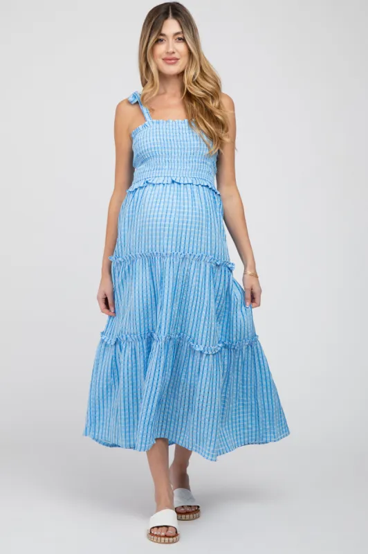 Blue Striped Smocked Shoulder Tie Maternity Midi Dress sold by Pinkblush