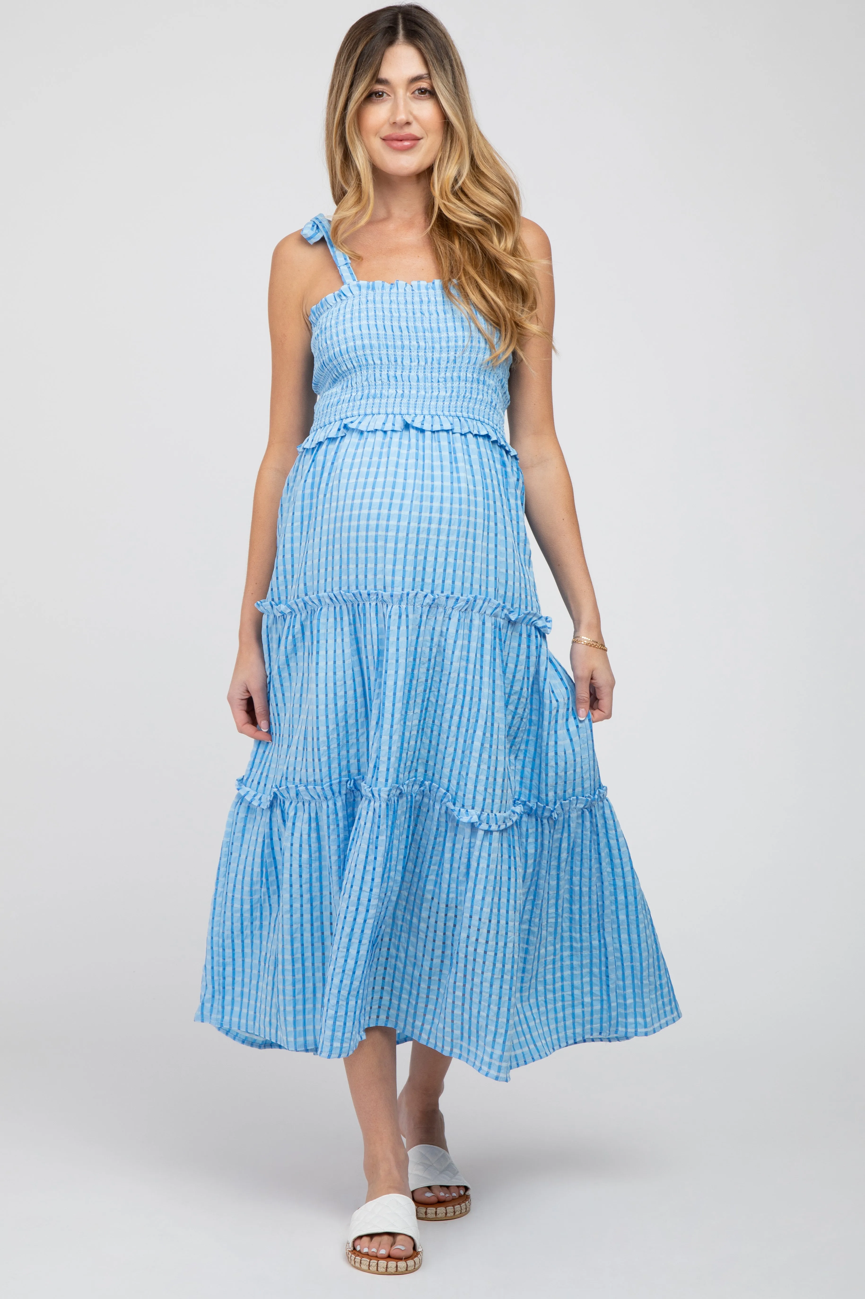 Blue Striped Smocked Shoulder Tie Maternity Midi Dress sold by Pinkblush