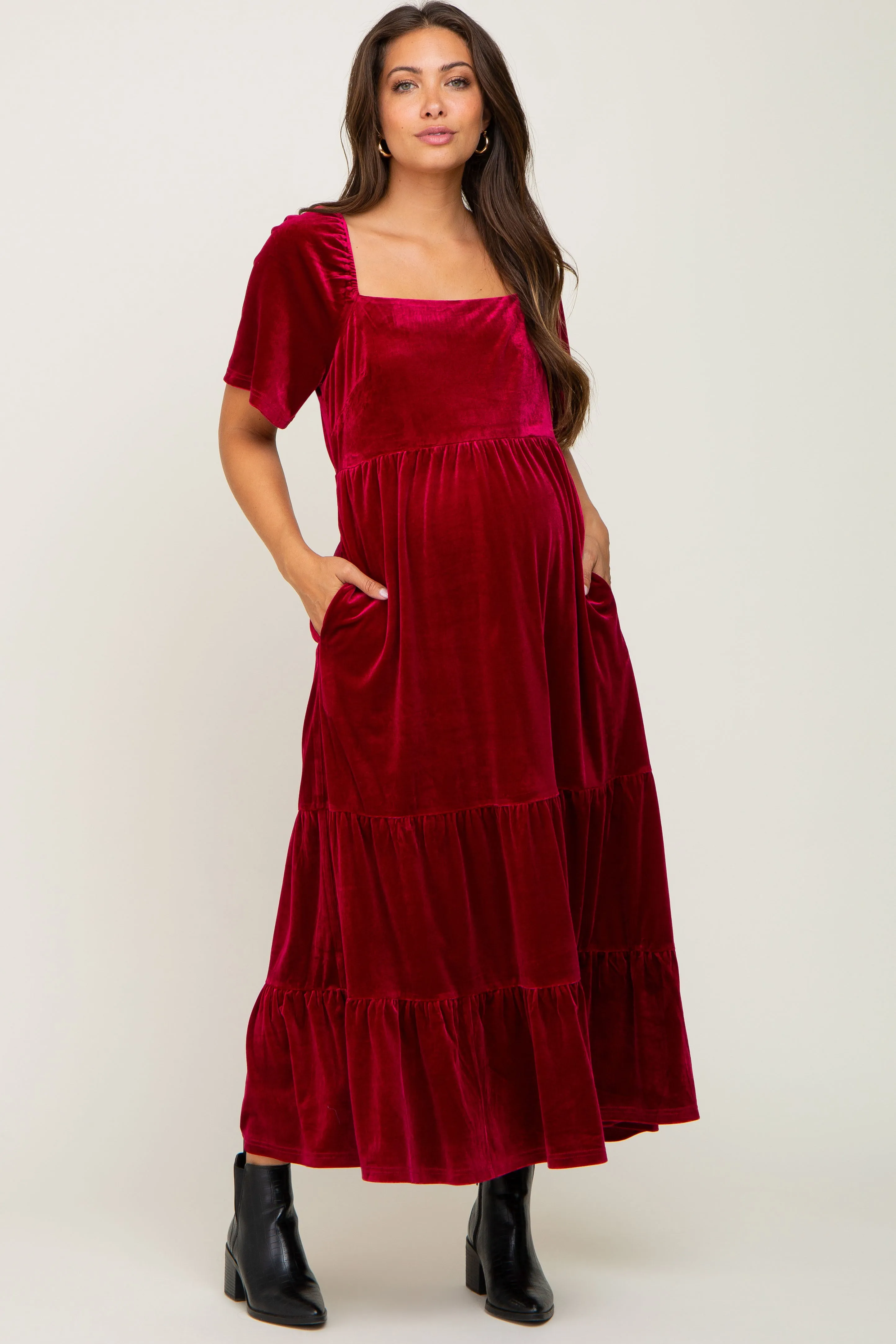 Burgundy Velvet Tiered Maternity Maxi Dress sold by Pinkblush product image thumbnail 4