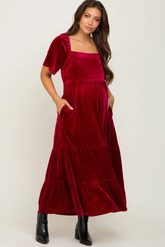 Burgundy Velvet Tiered Maternity Maxi Dress sold by Pinkblush