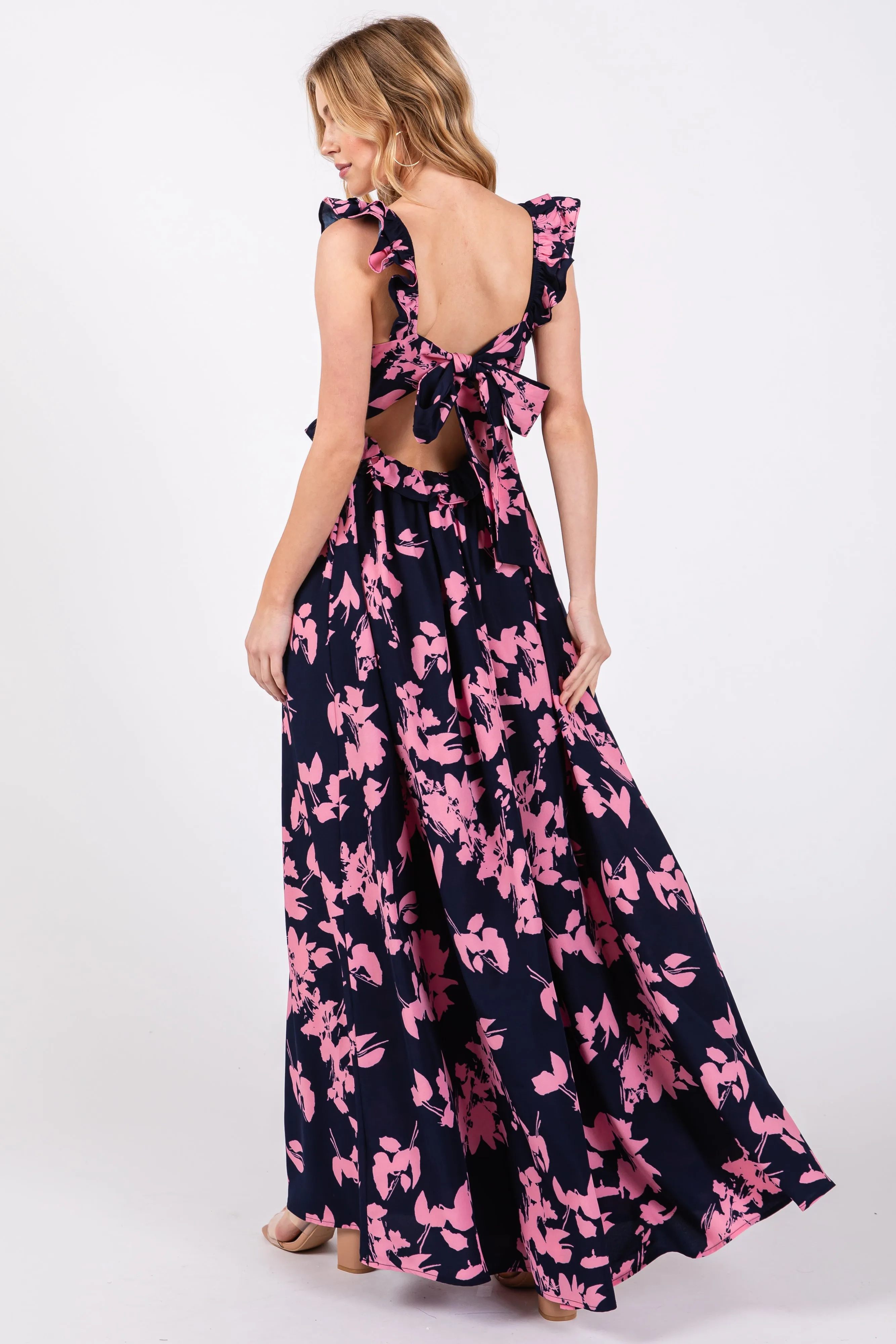 Navy Blue Floral Ruffle V-Neck Back Cutout Maxi Dress sold by Pinkblush product image thumbnail 3