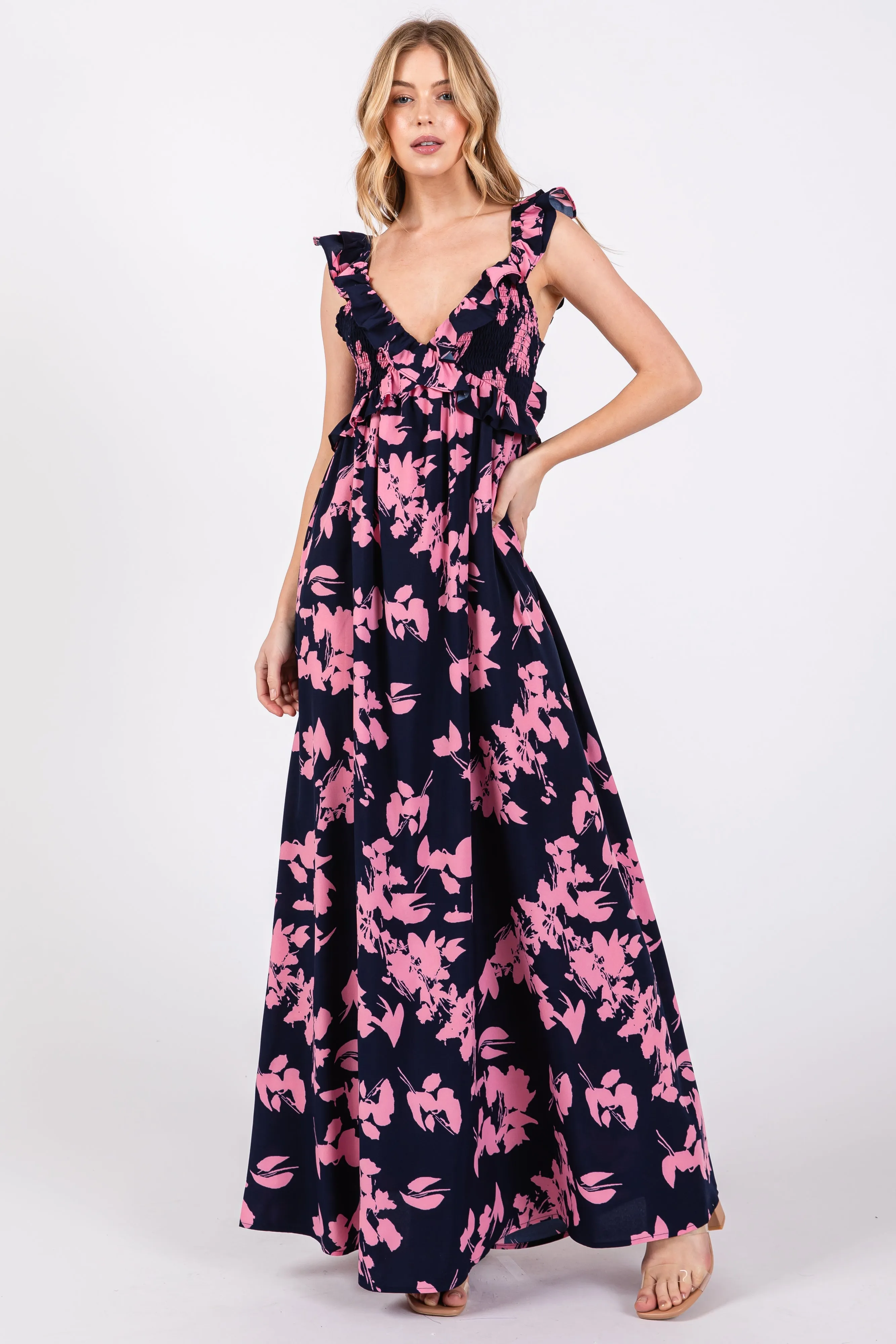 Navy Blue Floral Ruffle V-Neck Back Cutout Maxi Dress sold by Pinkblush