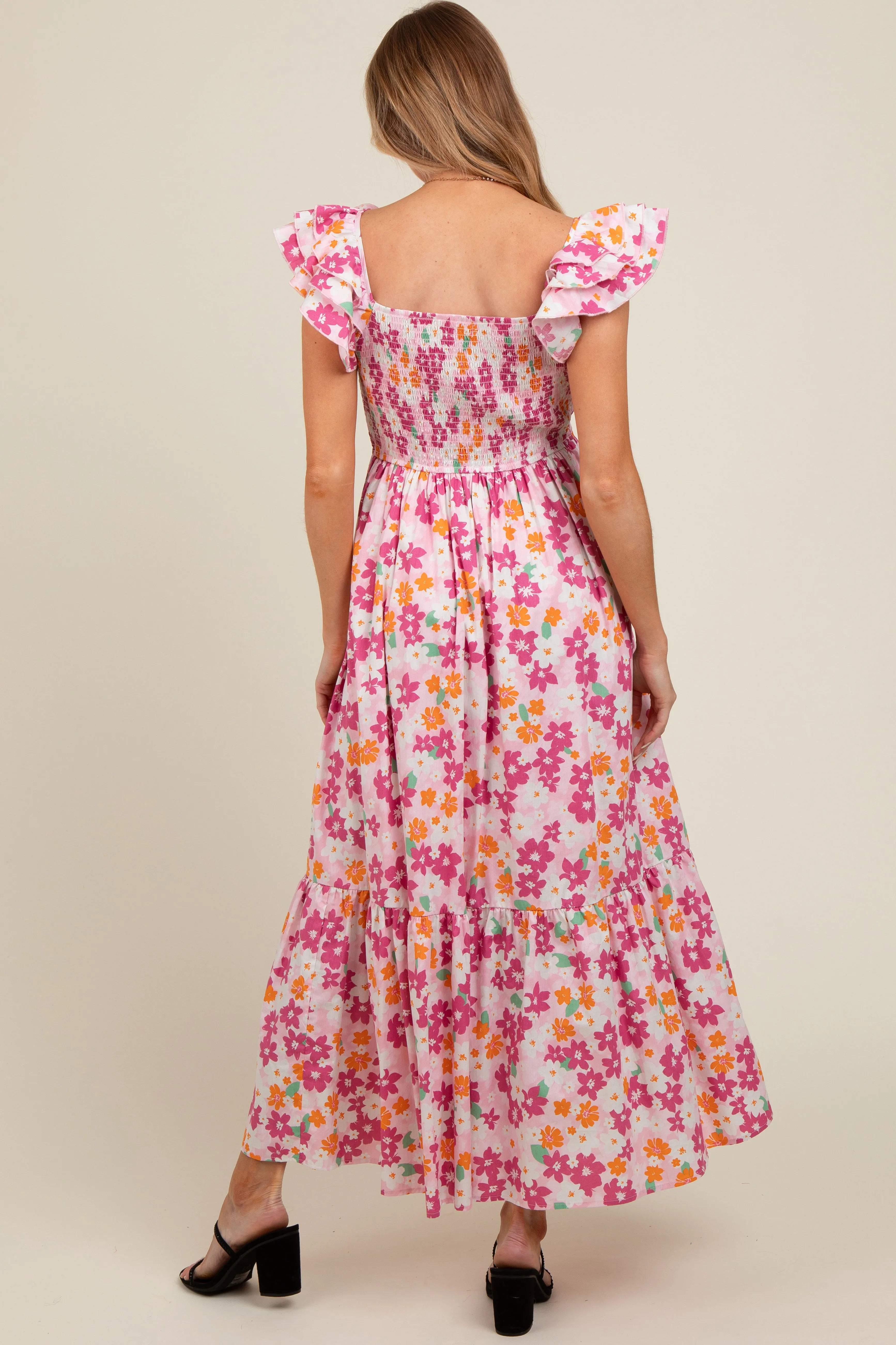 Pink Floral Smocked Ruffle Sleeve Maternity Maxi Dress sold by Pinkblush product image thumbnail 4