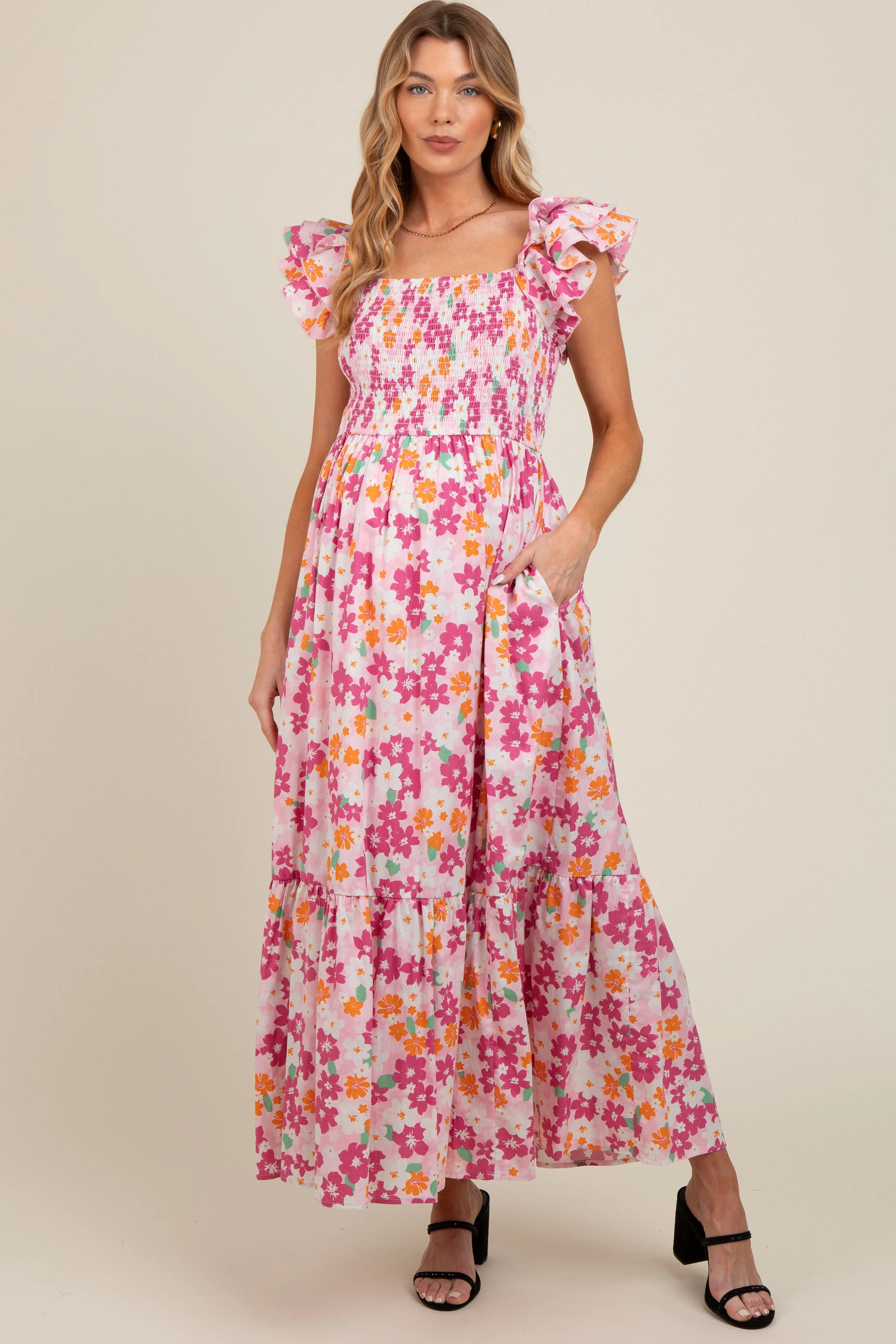 Pink Floral Smocked Ruffle Sleeve Maternity Maxi Dress sold by Pinkblush