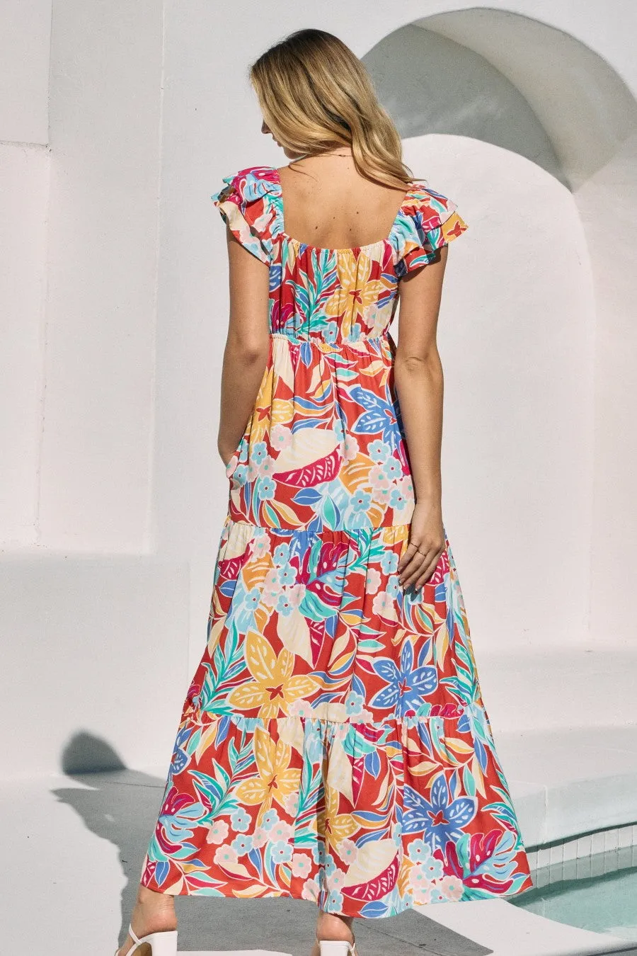 Red Floral V-Neck Layered Flutter Short Sleeve Midi Dress sold by Pinkblush product image thumbnail 3