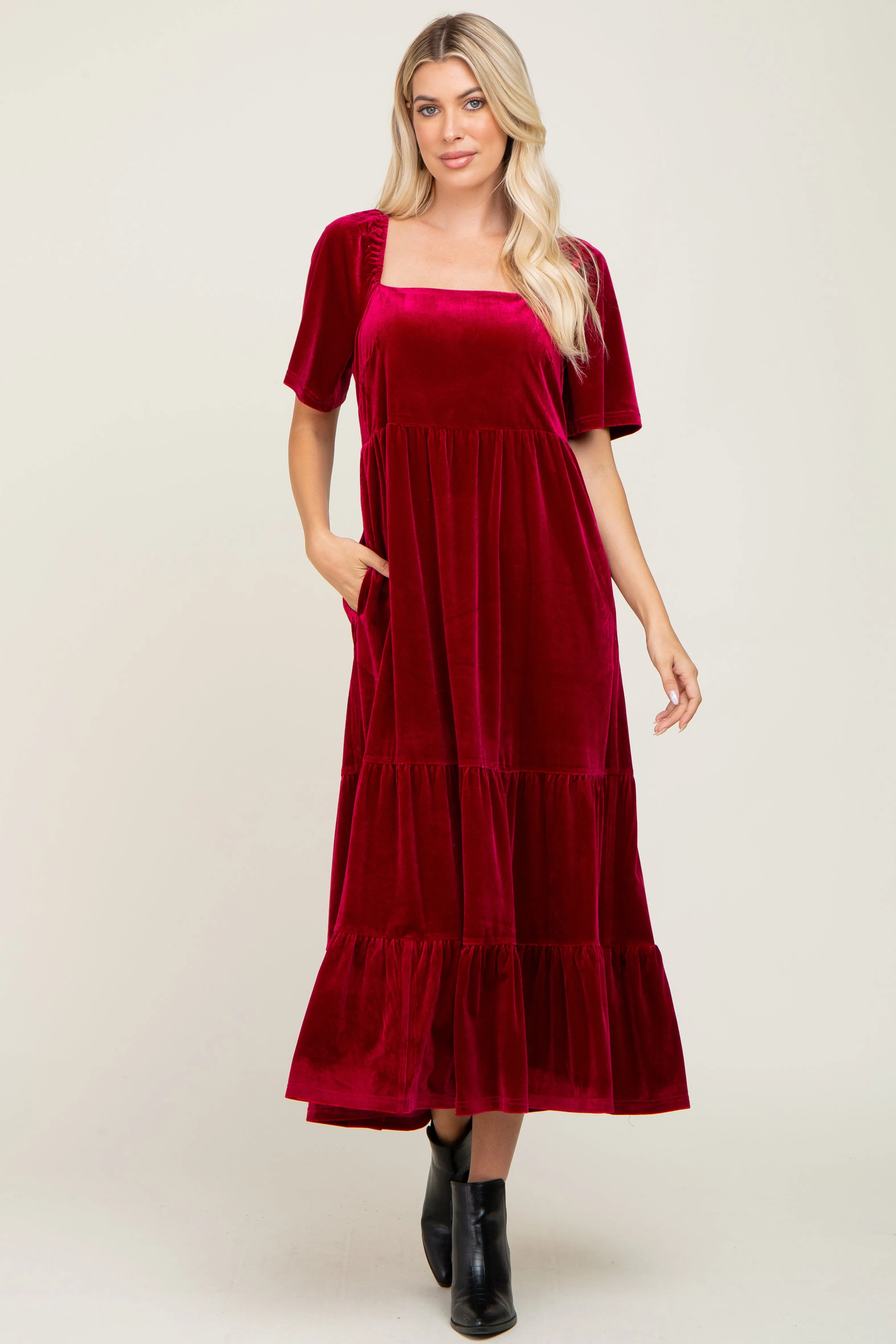 Burgundy Velvet Tiered Maternity Maxi Dress sold by Pinkblush product image thumbnail 5
