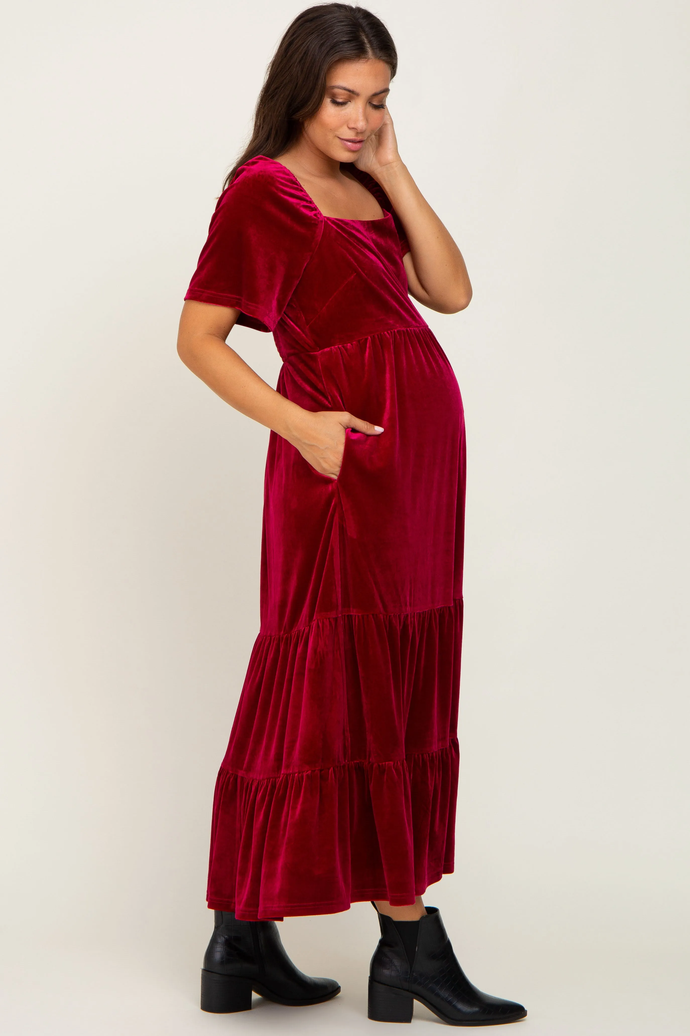 Burgundy Velvet Tiered Maternity Maxi Dress sold by Pinkblush product image thumbnail 2