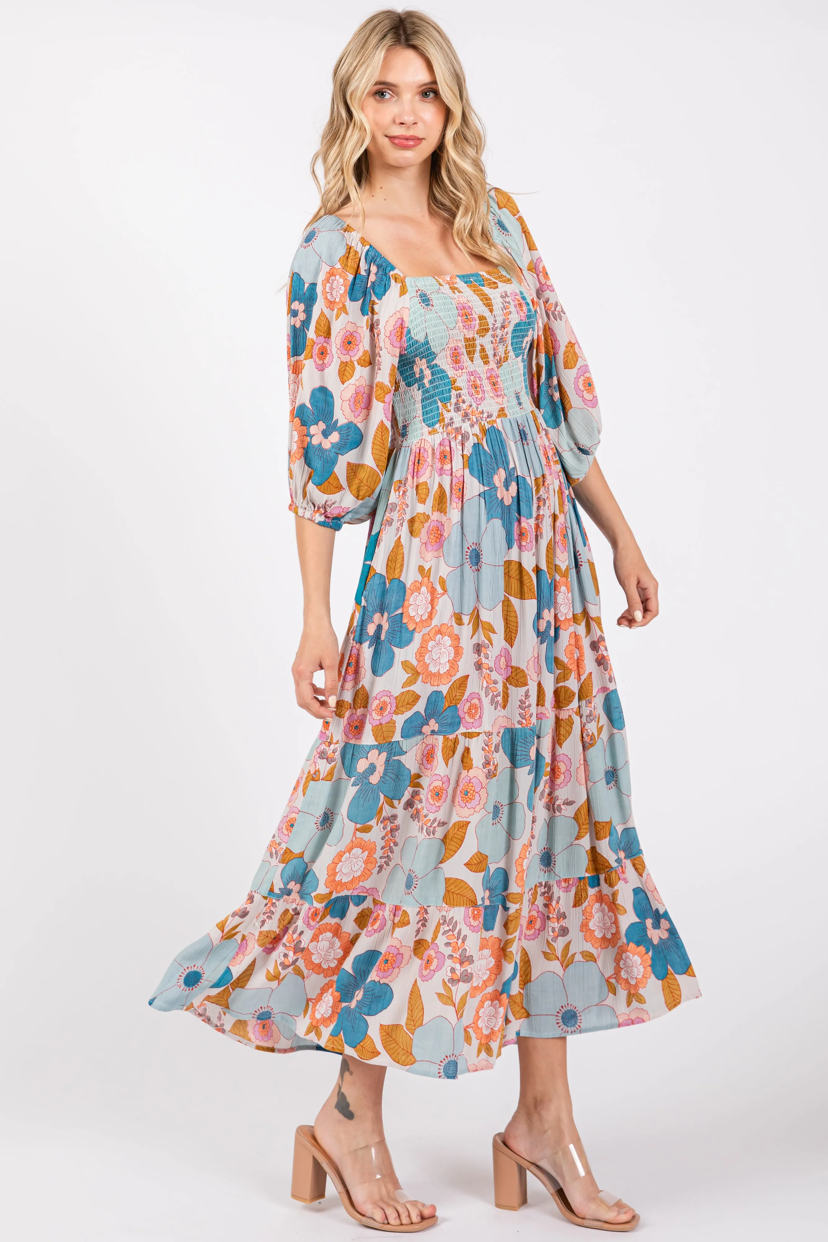 Light Blue Floral Smocked Square Neck Tiered Midi Dress sold by Pinkblush product image thumbnail 2