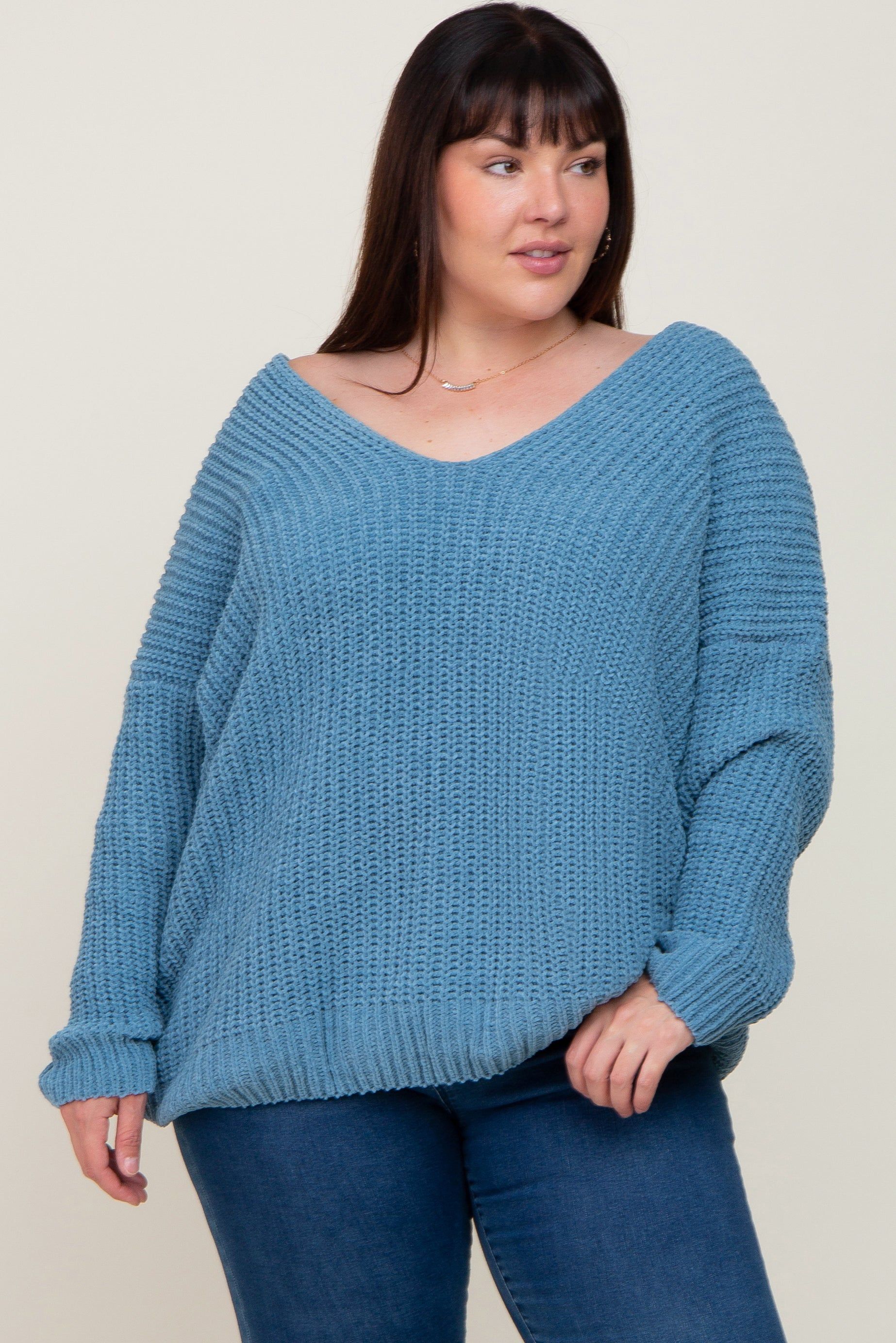 Blue Chenille Knit V-Neck Plus Sweater sold by Pinkblush