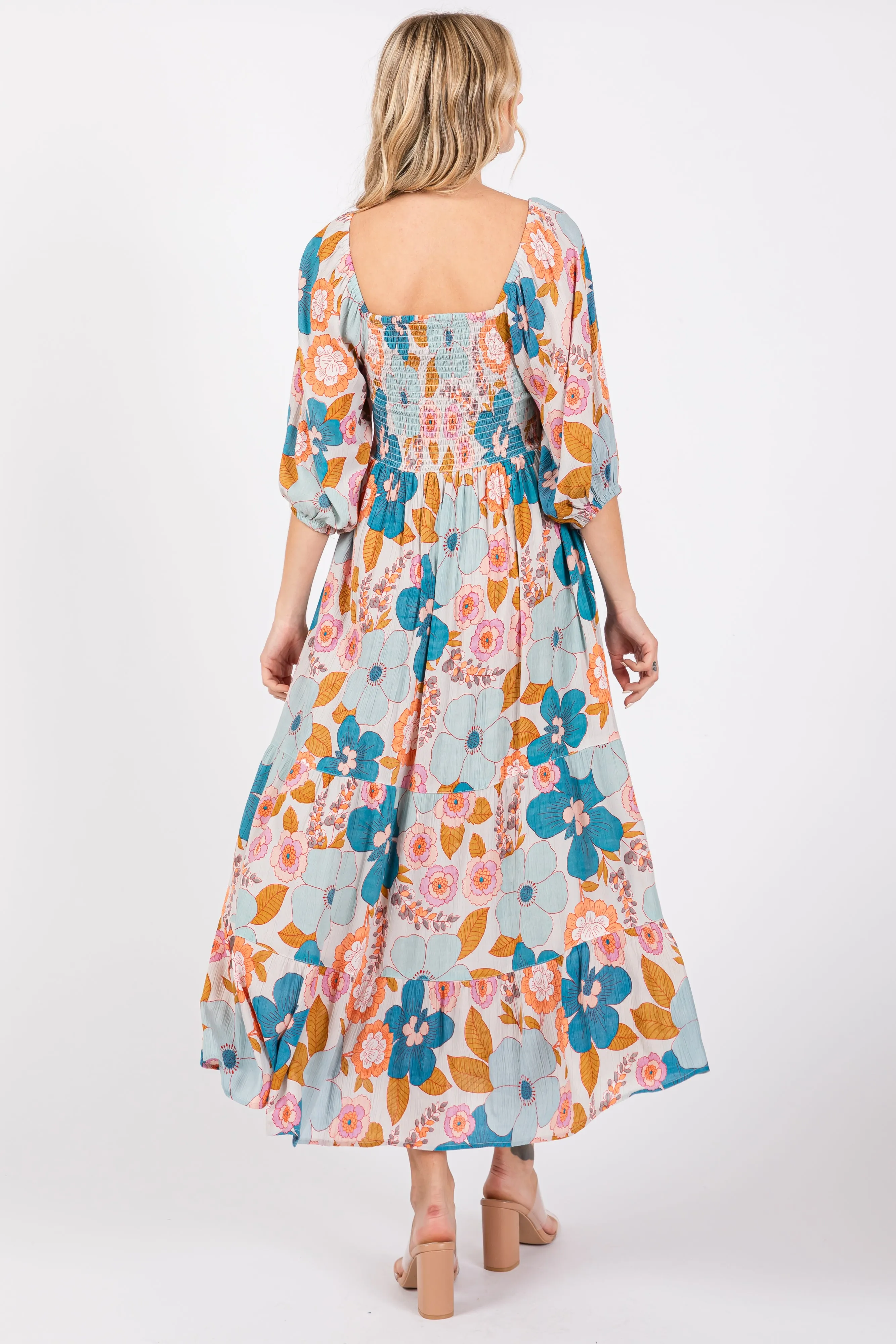 Light Blue Floral Smocked Square Neck Tiered Midi Dress sold by Pinkblush product image thumbnail 3