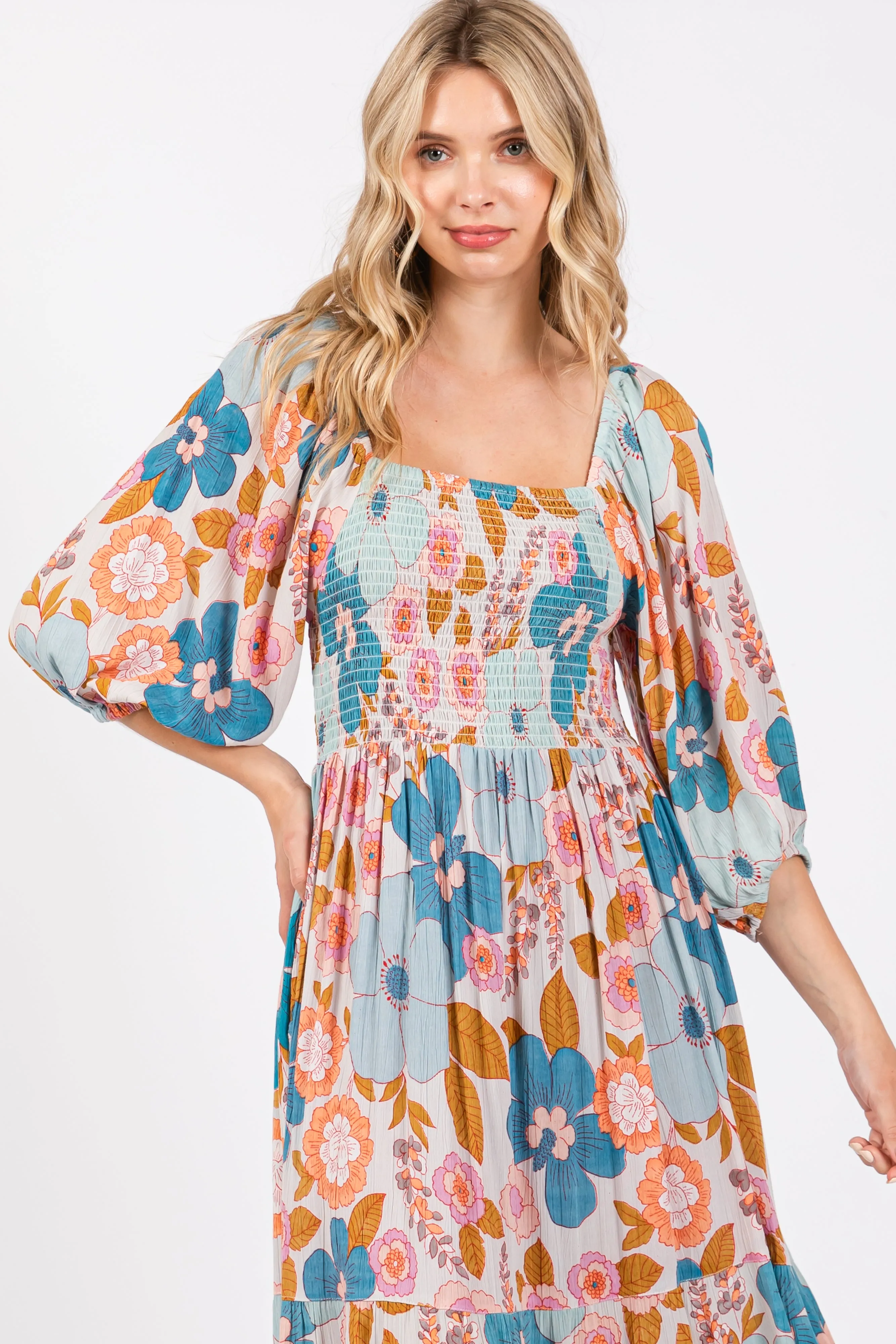 Light Blue Floral Smocked Square Neck Tiered Midi Dress sold by Pinkblush product image thumbnail 4