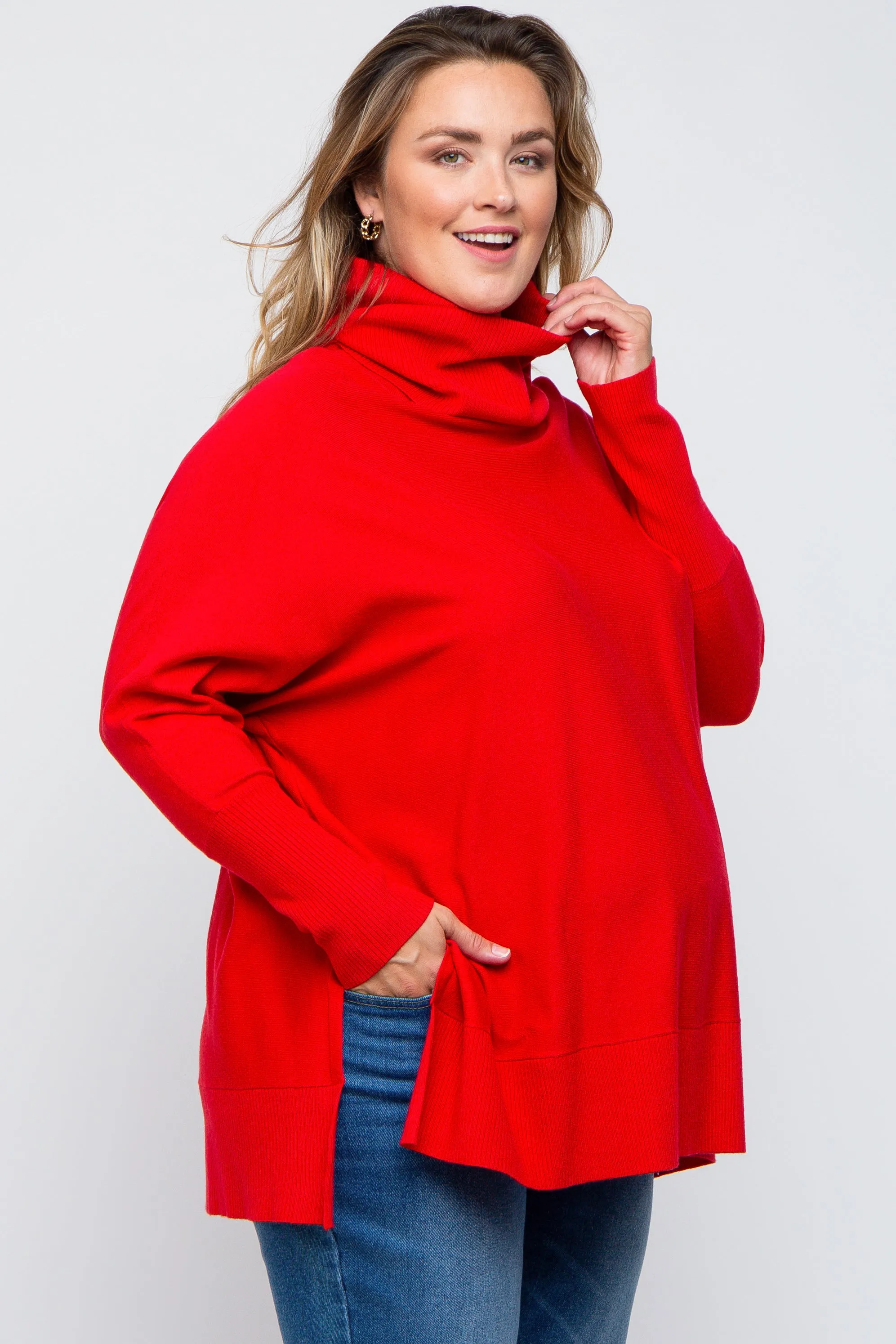 Red Cowl Neck Dolman Sleeve Maternity Plus Sweater sold by Pinkblush product image thumbnail 3