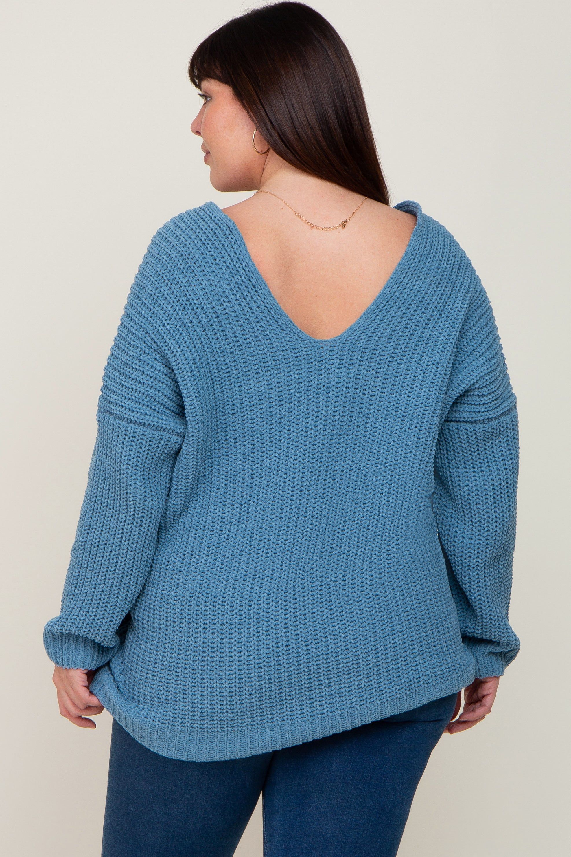Blue Chenille Knit V-Neck Plus Sweater sold by Pinkblush product image thumbnail 3