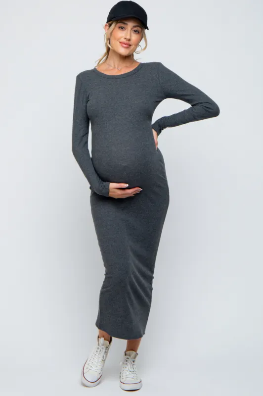 Charcoal Ribbed Fitted Long Sleeve Maternity Midi Dress sold by Pinkblush