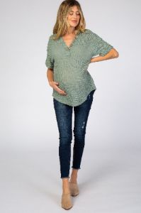 Light Olive Waffle Knit Button Front V-Neck Maternity Top sold by Pinkblush