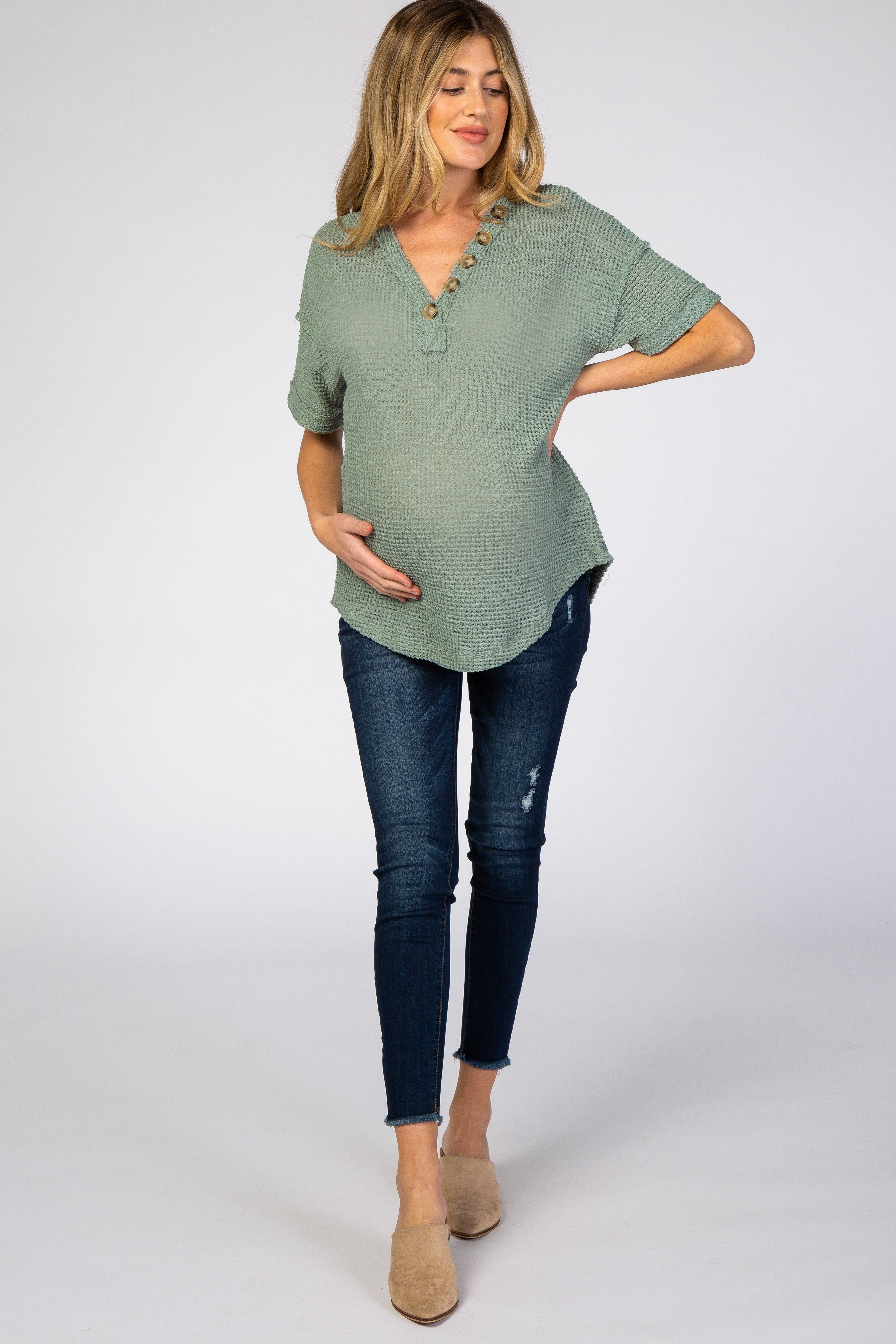 Light Olive Waffle Knit Button Front V-Neck Maternity Top sold by Pinkblush product image thumbnail 4