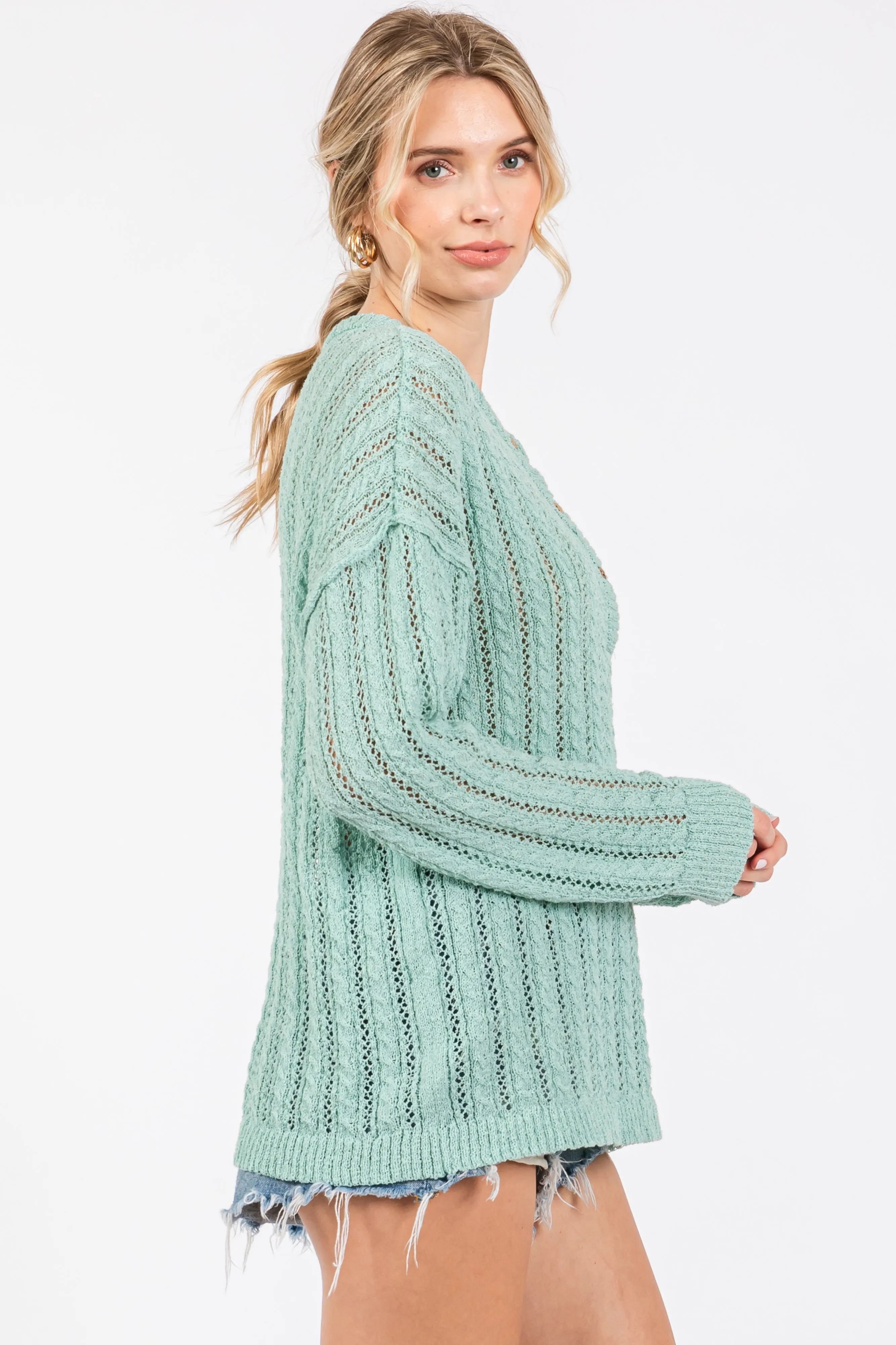 Mint Green Open Knit Front Button Sweater sold by Pinkblush product image thumbnail 2