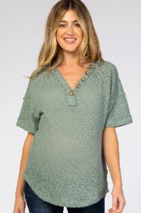 Light Olive Waffle Knit Button Front V-Neck Maternity Top sold by Pinkblush
